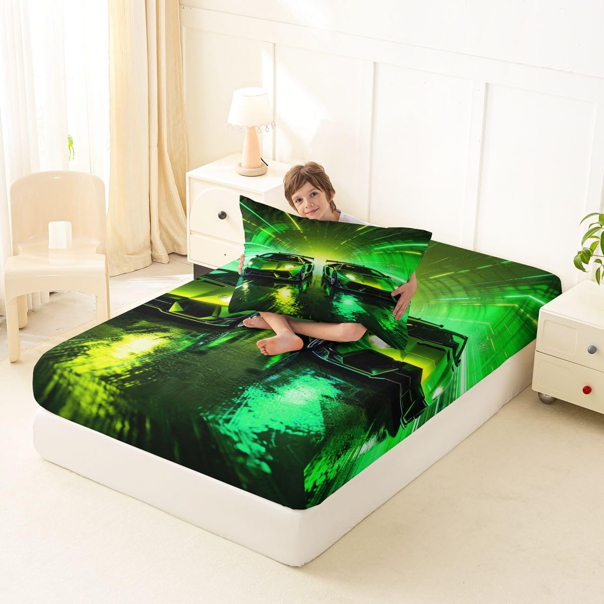 Feelyou Green Racing Car Fitted Sheet with 1 Pillowcase Twin Size Boys Sports Car Bed Sheets Set 16" Deep Pocket Boys Girls Speed Sports Bedding Teens Bedroom Decor Breathable Soft Lightweight