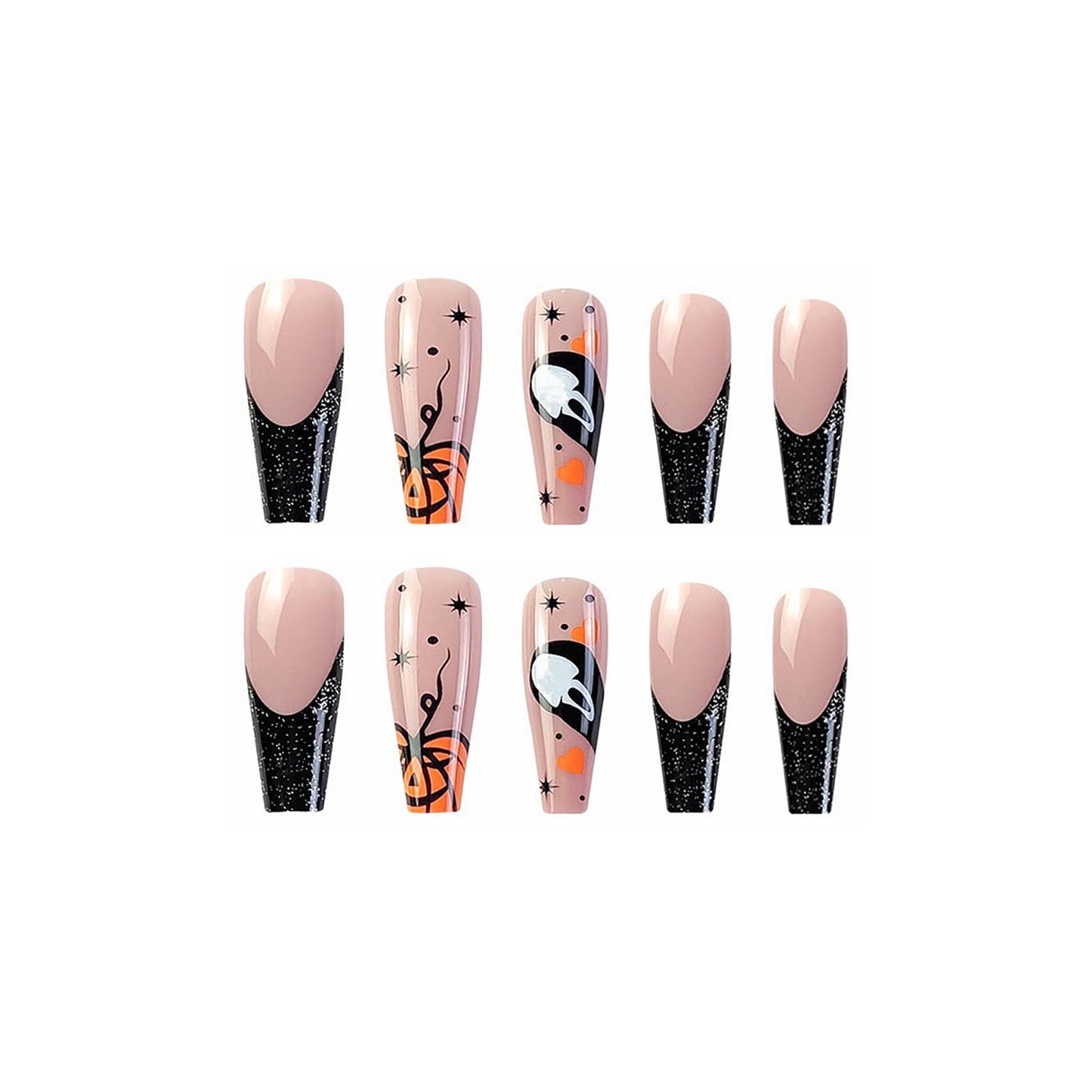 MISUD Press on Nails - Long Coffin Fake Nails with Goth Black, Acrylic Gothic Ghost Design 24 pcs