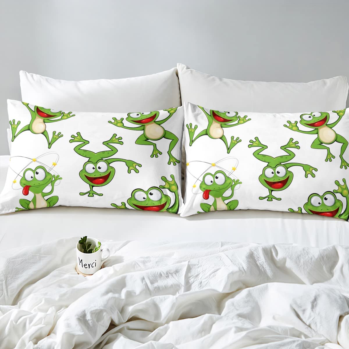 Feelyou Kawaii Decor Frog Bed Sheets Set Boys Cartoon Animal Theme Sheet Set for Kids Teens Ultra Soft Nature Sheets with Deep Pocket Fitted Sheet Funny Cartoon Frog Bedding Set Room Decor Full Size
