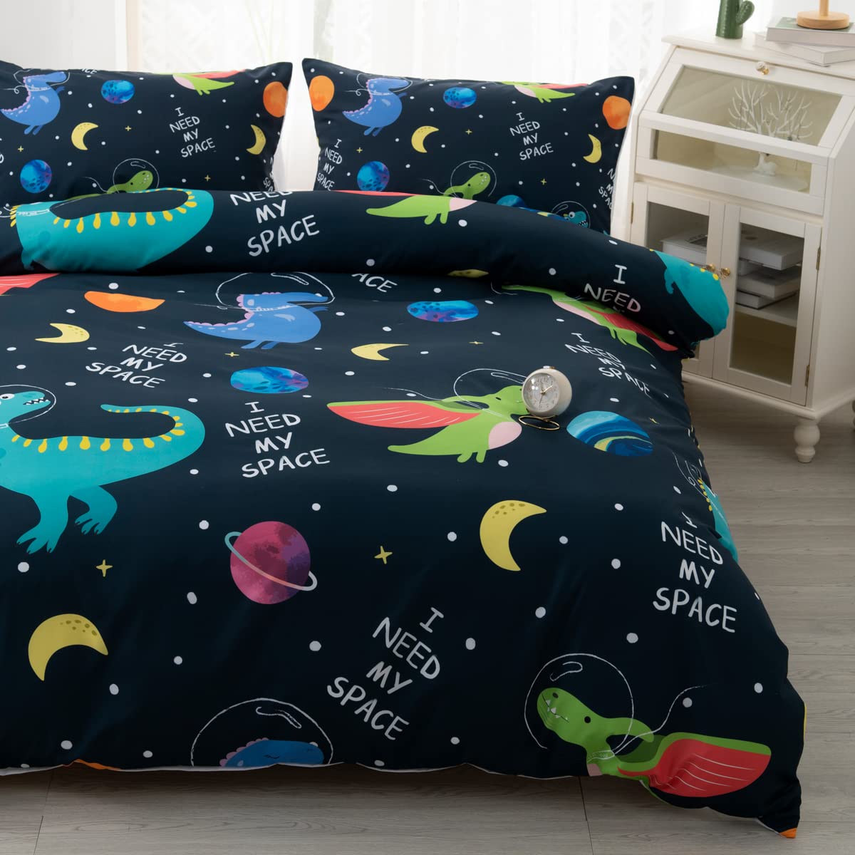 CVHOUSE Dinosaur Bedding Queen Size,Space Dinosaur Bedding Set for Boys Kids Teens,Nave Blue Comforter Set Cover Soft,1 Duvet Cover 2 Pillowcases 3 Piece,Boy's Bedroom Decor