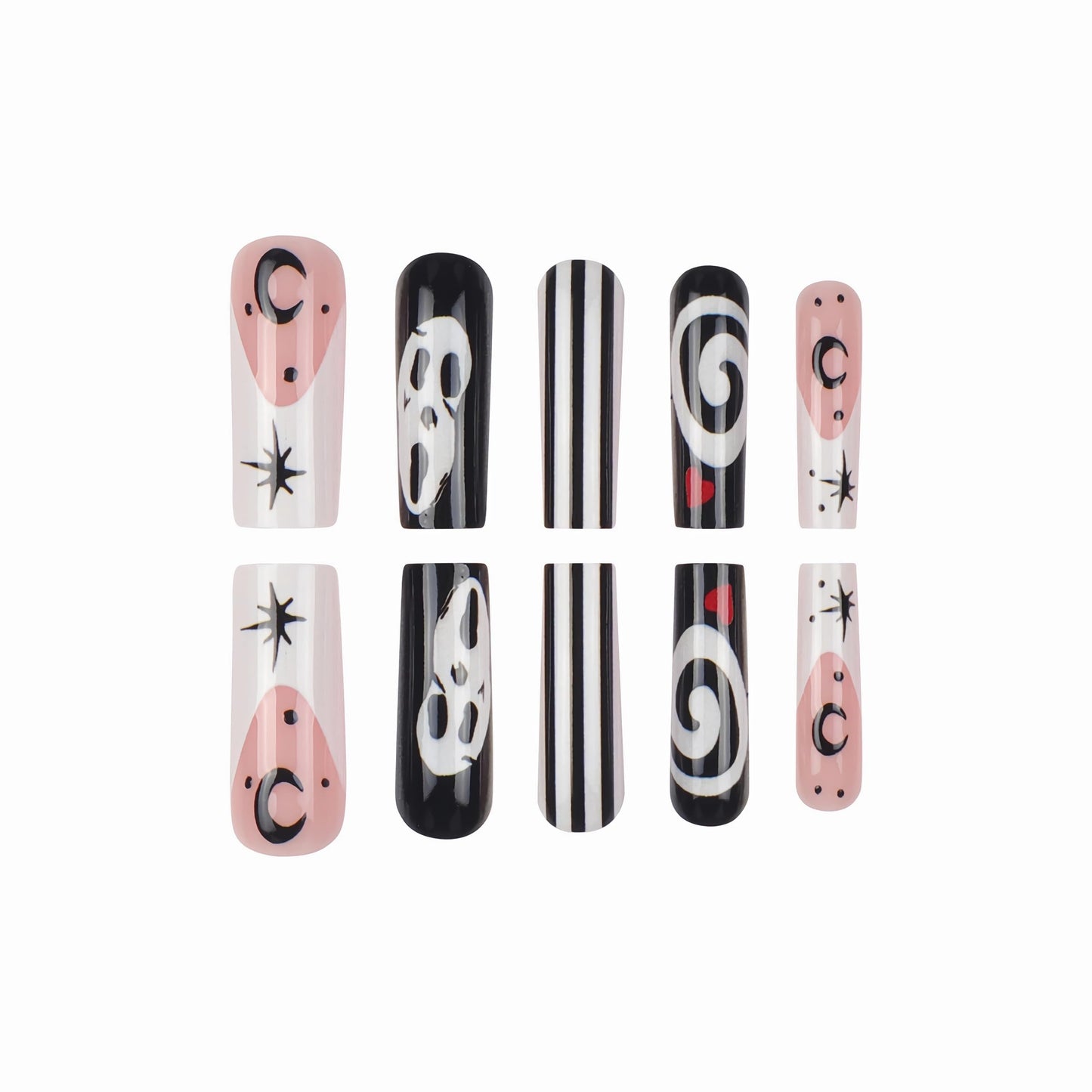 BABALAL Punk Press on False Nails Long Square Fake Nails Black Goth Glue on Ghost Moon Swirl Design Halloween Custom Supplies Art 24Pcs XL Glossy Manicure Acrylic False Nails
