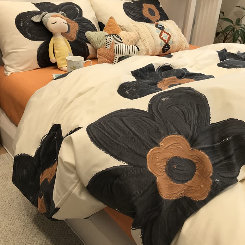 CLOTHKNOW Black Beige Floral Twin/Twin XL Comforter Set Sunflower Bedding Comforter Sets Brown Plaid Comforter Boho Comforter with 2 x Pillow Cases