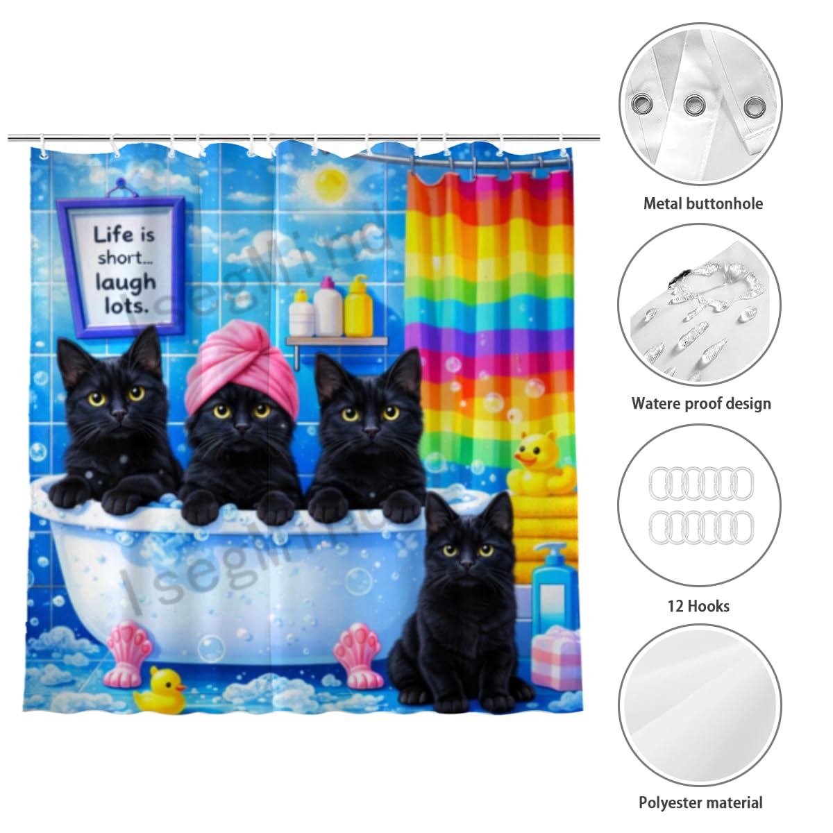 IsegMind Funny Animal Shower Curtain 72x72 Inch, Cute Black Cat Bath Time Scene with Bubbles and Rainbow Bathroom Decor, Playful Cartoon Style Bath Curtain