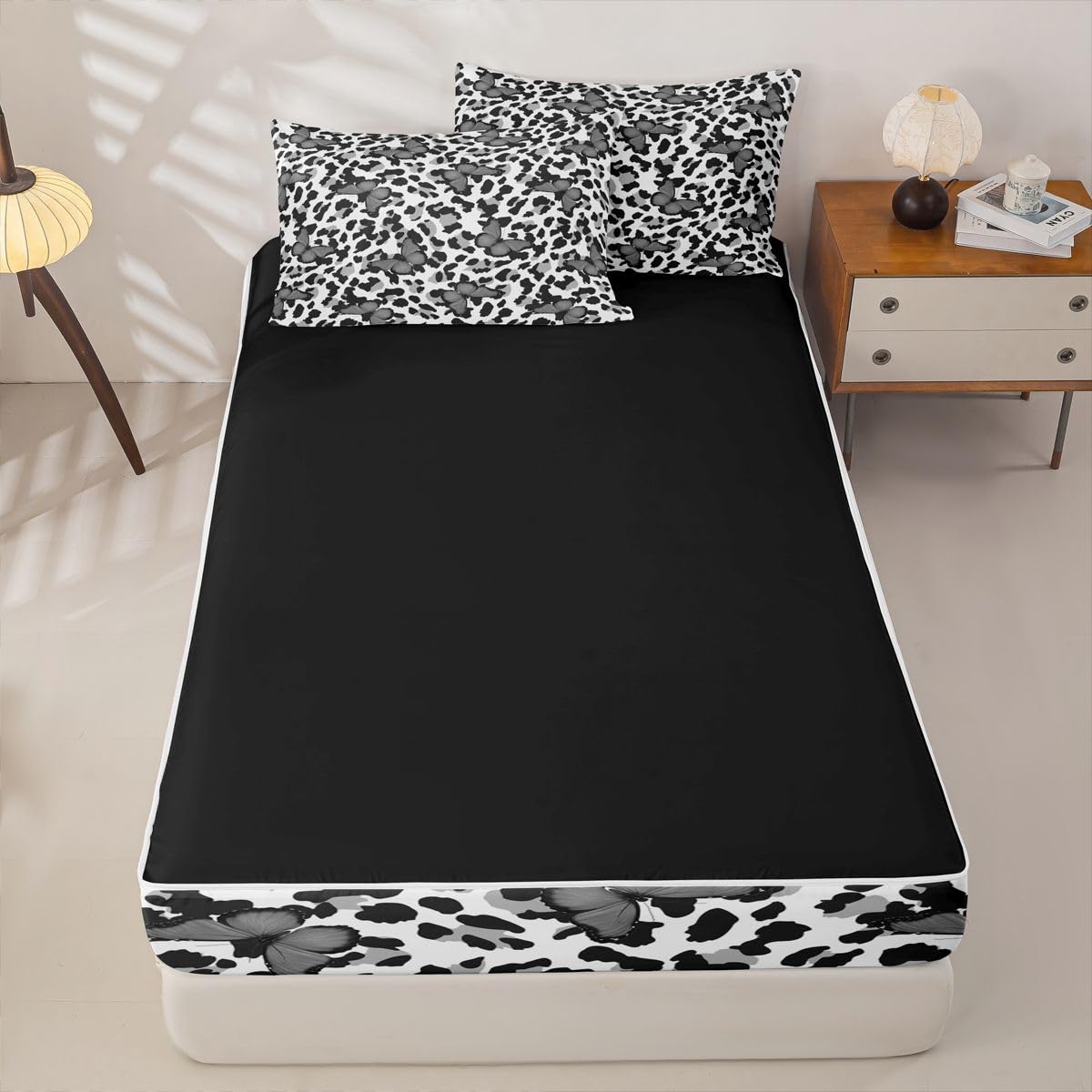 Feelyou Leopard Print Queen Zipper Bedding Set Black Gray Butterfly Kids Comforter Set with Fitted Sheet and 2 Pillowcases Girl Butterflies Bed in a Bag Zip Up Bedding Soft Microfiber