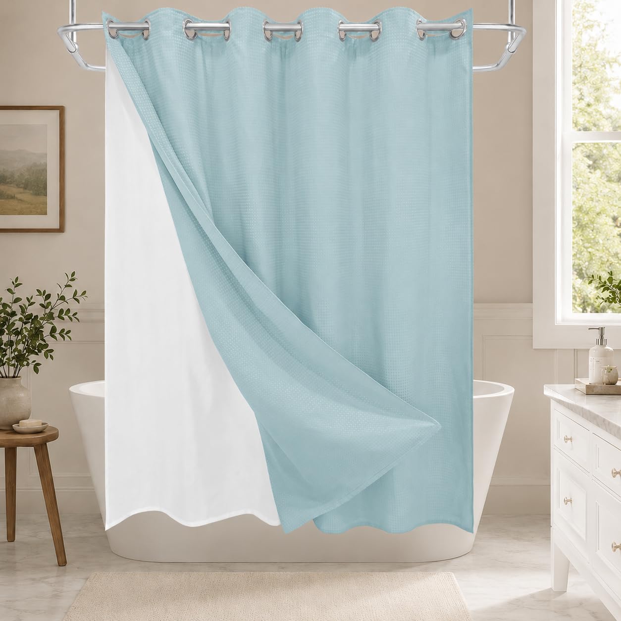 DRIFTED ROOT No Hook Shower Curtain Set with Snap-in Detachable Liner, 230 GSM Waffle Weave Fabric, Heavy Duty Water-Repellent, Pale Blue, 72 x 74 Inch