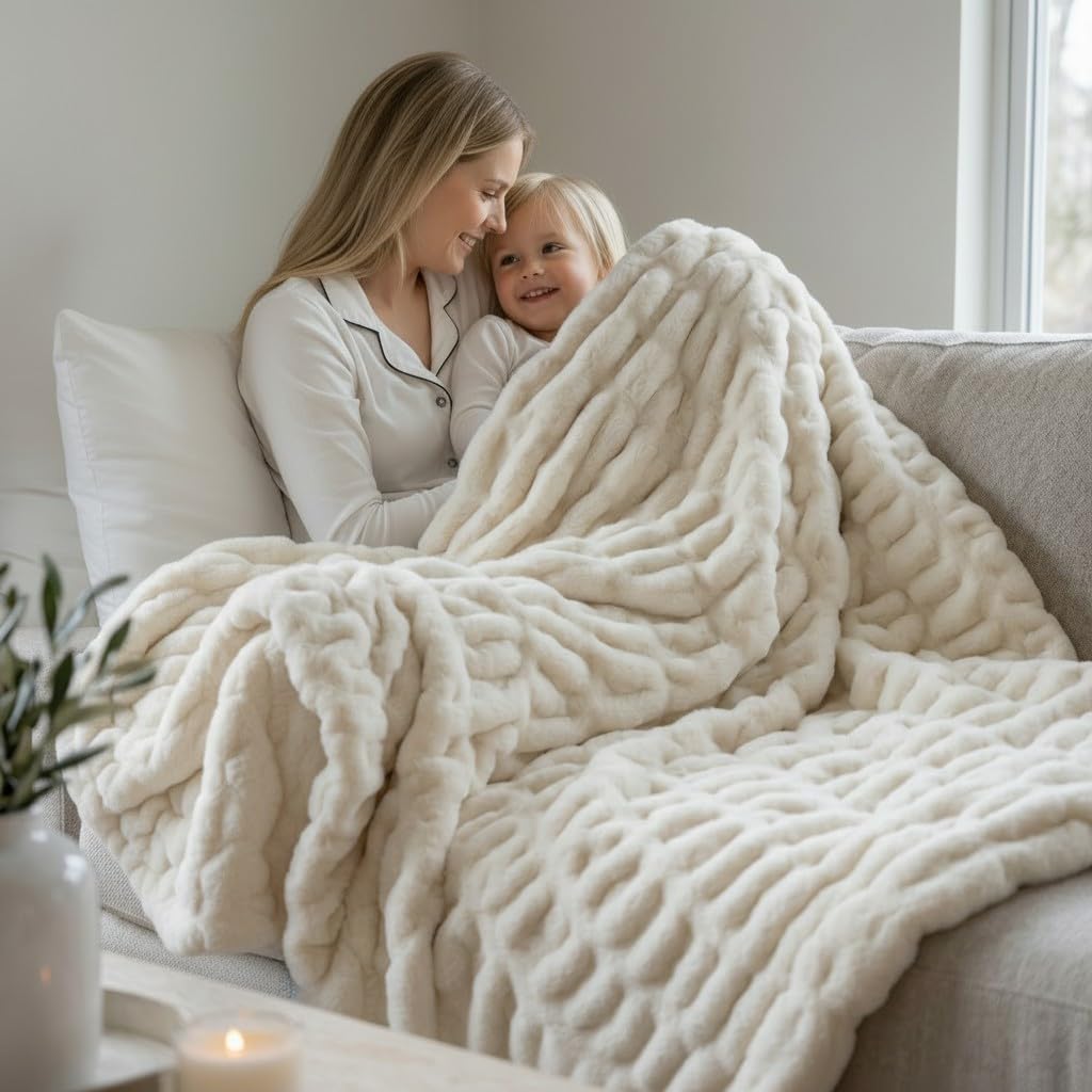 Raelee Luxury Faux Rabbit Fur Throw Blanket, Ultra Soft Double Sided Fluffy Plush Throw for Couch, Bed, Chair, Thick Warm Cozy Decorative Bubble Throw Blanket, Ivory White, 50x60