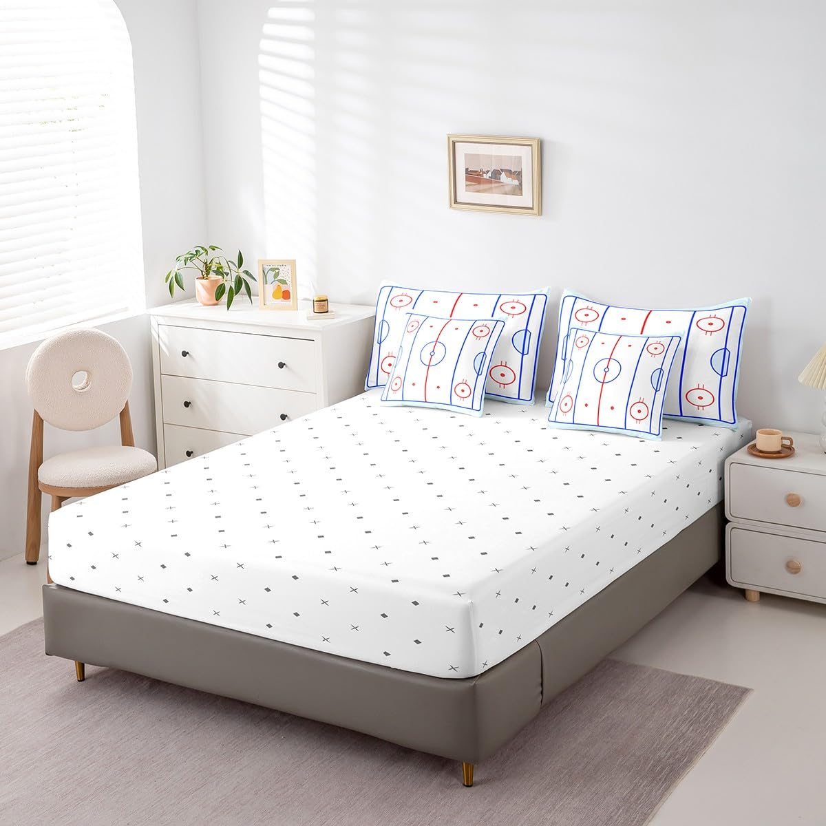 Erosebridal Ice Hockey Bedding Set Twin 7 Piece Winter Sports Game Comforter Sets Puck Design Bed in A Bag with Sheets Soft Breathable Microfiber Bed Set for Kids Boys Teens Child Room