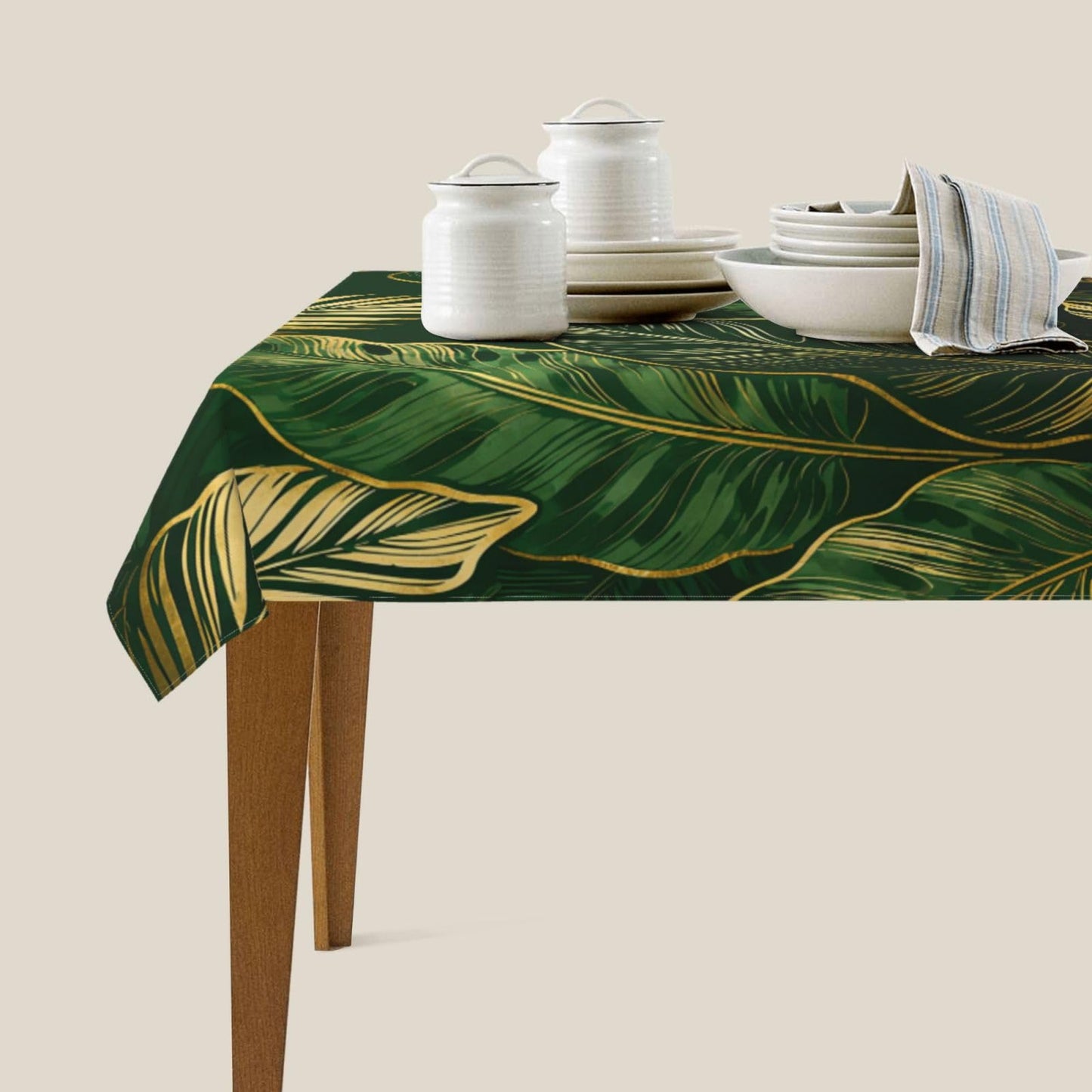 Kuderiy Green Gold Leaves Rectangle Tablecloth Palm Tree Leaf Table Cloth Summer Vintage Tropical Botanical Rectangular Tablecloth Luxury Table Cover for Dining Room Kitchen Party 54 x 72 Inch