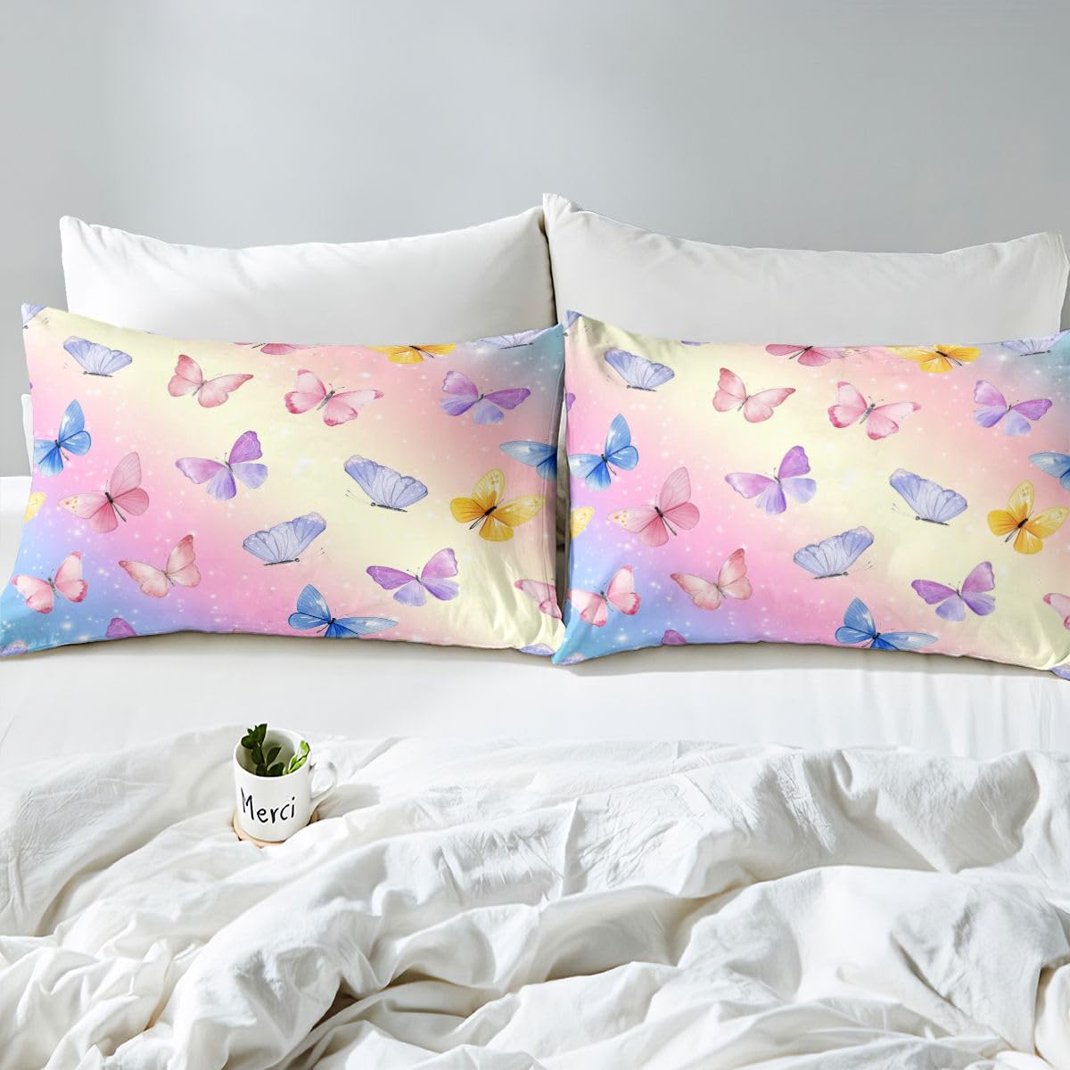 Feelyou Butterfly Bed Sheets Set Twin Size Rainbow Glitter Deep Pocket Fitted Sheet Pink Butterflies Print Bedding Sets Animal Soft Bed Set 3Pcs with 1 Pillow Cases