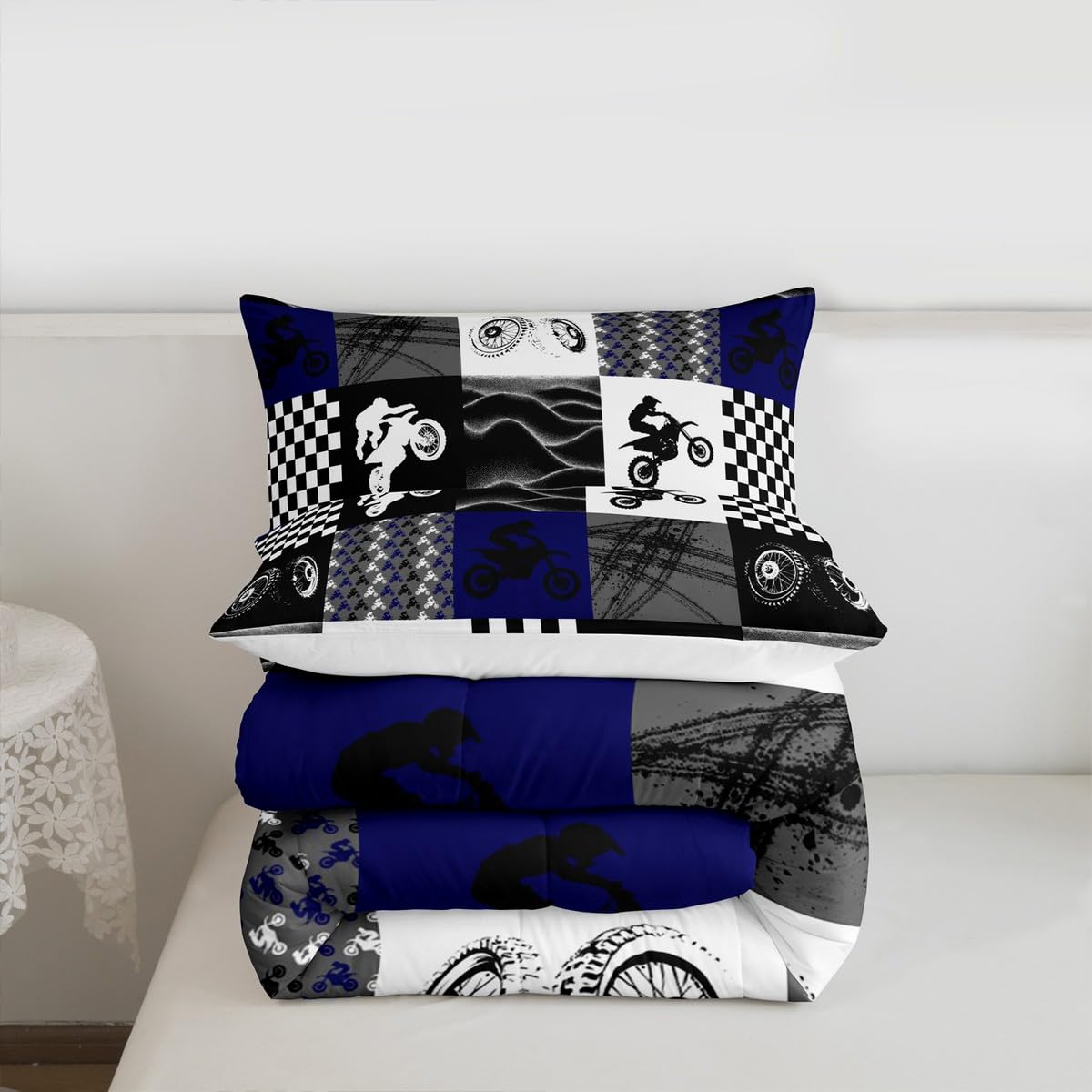 Dirt Bike Comforter Set, Motocross Rider Bedding Comforter Sets King, Motorcycle Grunge Down Comforter for Kids Boys Adult Men, Motorbike Extreme Sport Game Comforter, Buffalo Plaid, Blue Grey Black