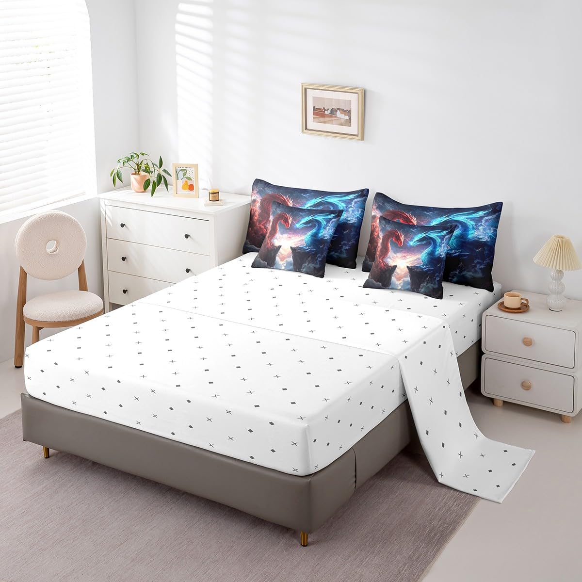 7 Pieces Blue Red Dragon Comforter Set Queen,Western Magical Animal Bed Set for Kids Boys Girls,Fire and Ice Bedding(1 Comforter,1 Fitted Sheet,1 Flat Sheet,2 Pillowcases,2 Throw Pillow Cover)