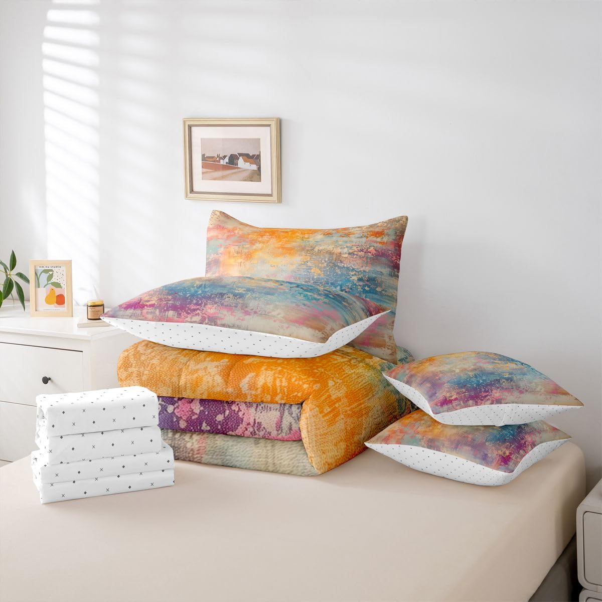 Erosebridal Grey Blue Queen Comforter Set Grunge Ombre Geometric 7 Pieces Bedding Oil Painting Bed Set with Sheets Modern Abstract Graffiti Art Bed in A Bag Bedroom Decor