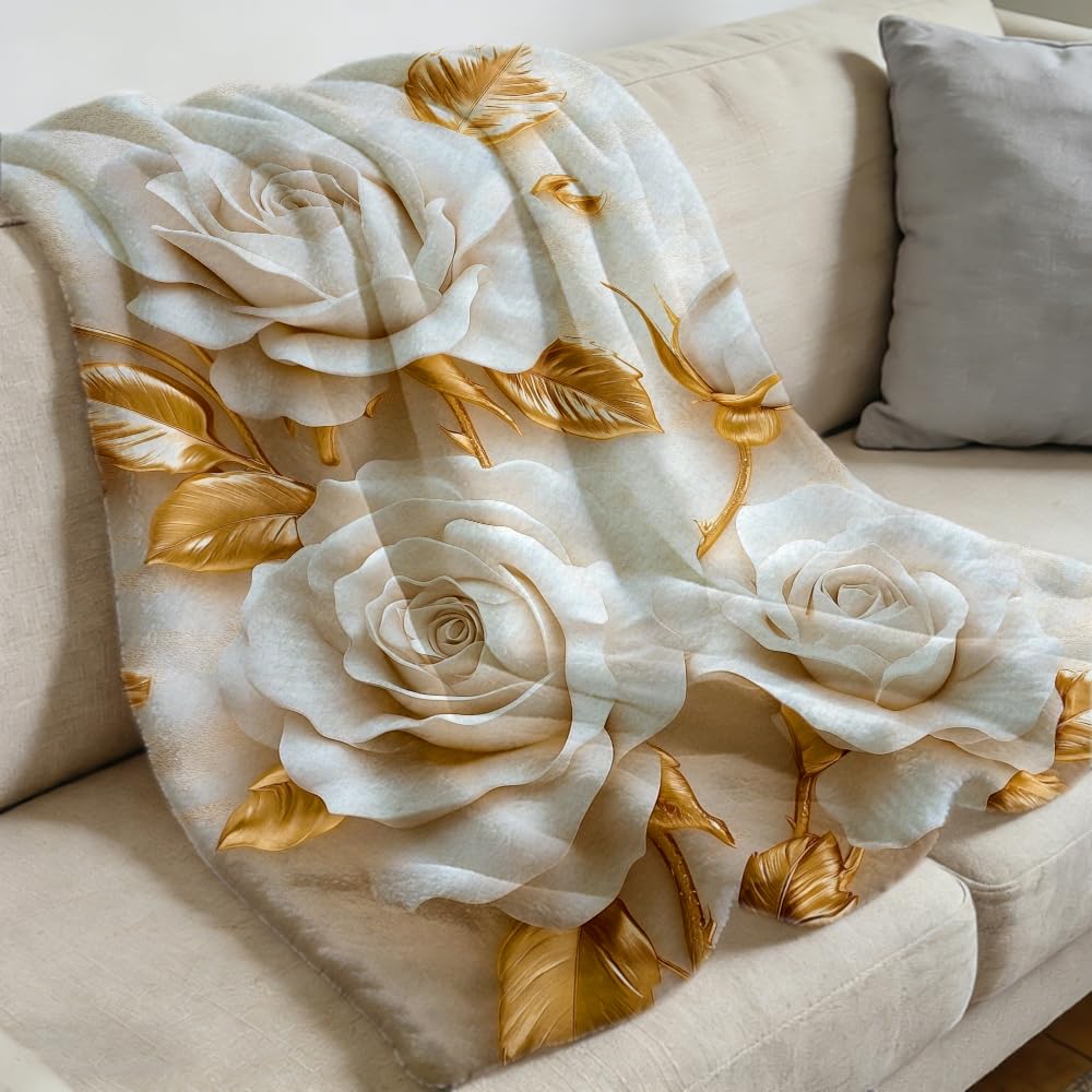 ZHOUSHUTONG White Gold Rose Floral Flannel Throw Blanket, Soft Cozy Warm Plush Blankets for Couch Bed Sofa, Elegant Flower Print Decorative Blanket, Gift for Women Girls 49"x59"