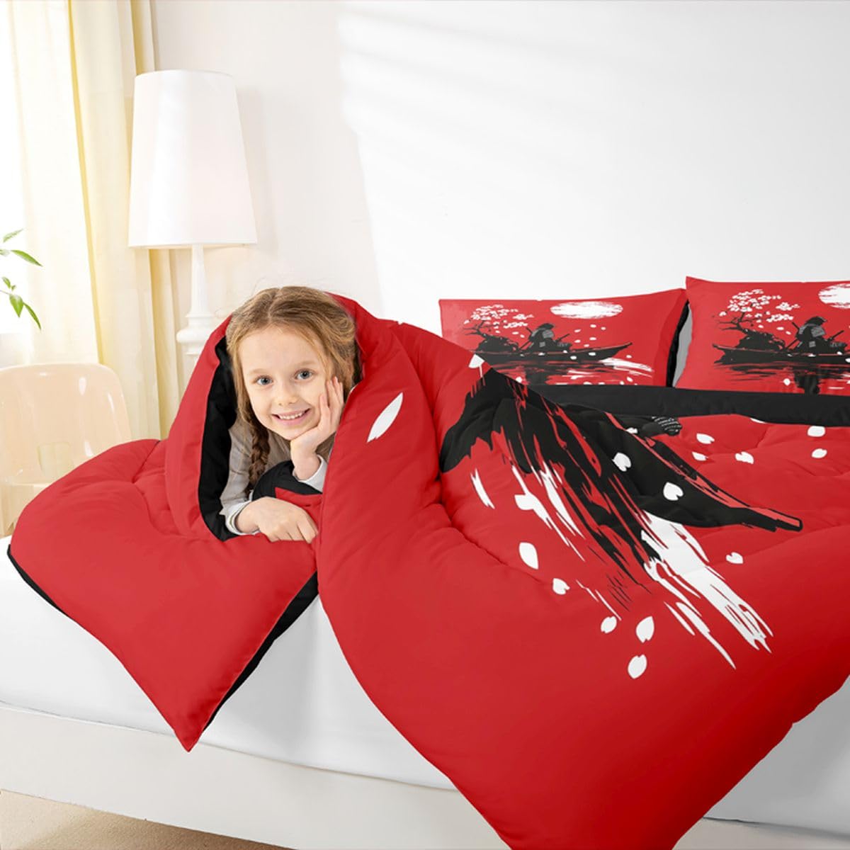 jejeloiu Japanese Samurai Comforter Set All Season Cherry Blossom Bedding Set with 2 Pillow Cases Red Sun Microfiber Kids Queen Bedclothes Japanese Ukiyoe Bedroom Decor Duvet Quilt Breathable Soft