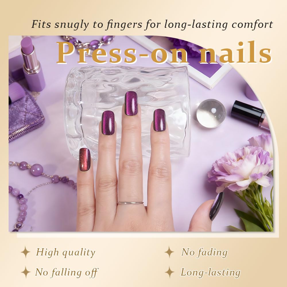 Purple Cat Eye Press on Nails Medium Square, Medium Square Stick on Fake Nails for Women Gift, Dark Purple Holographic Glitter Glossy Reusable Soft Gel Stick Press on Acrylic False Nail with Designs