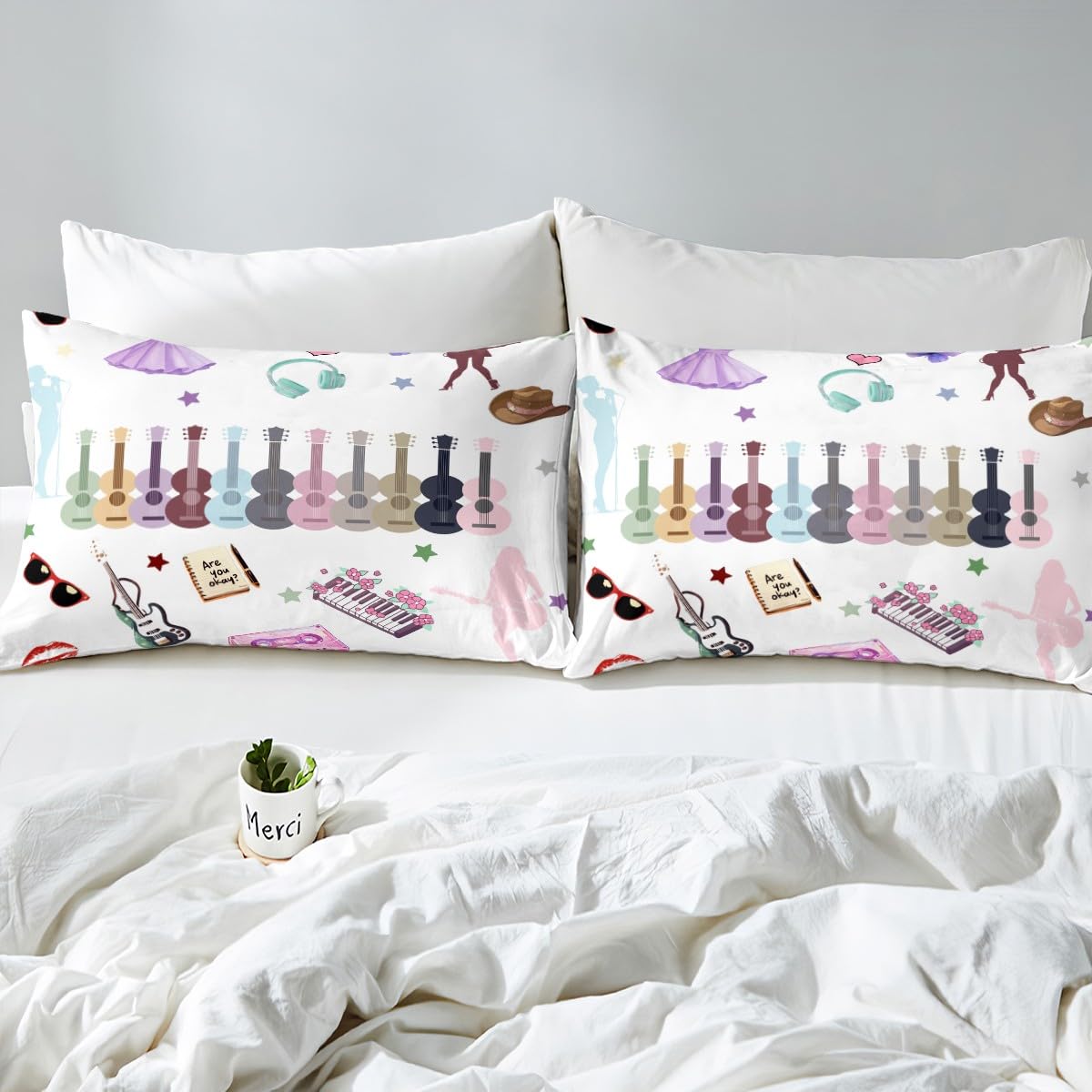 Erosebridal Music Lovers Bed Sheets Set King Music Theme Sheet Set Singer Fans White Sheets Fashion Birthday Valentines Day Gift Flat Fitted Sheet