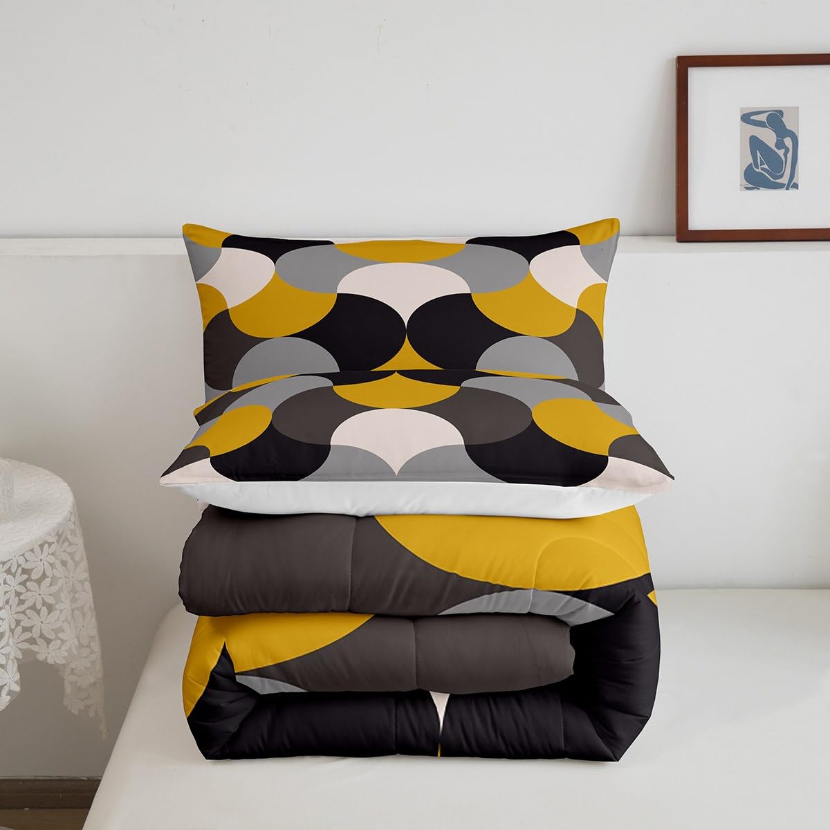 Feelyou Geometric Print Bedding Set Geometric Yellow Grey Black Comforter Set for Kids Boys Girls Teens Decor Modern Art Comforter Luxury Abstract Art Duvet Set 3Pcs Queen Size
