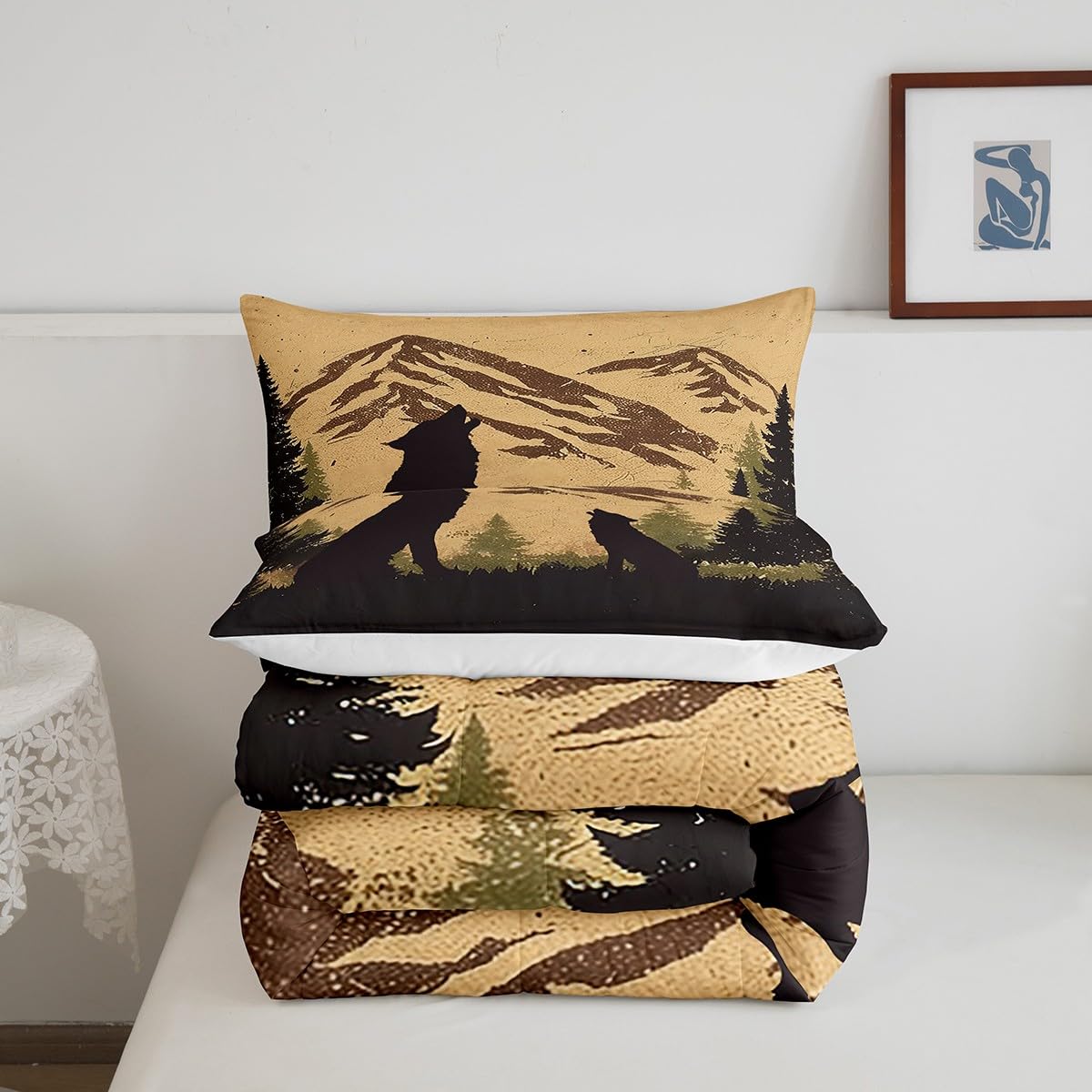 Howling Wolf Bedding Set Full Size,Hunting Wildlife Theme Comforter Set for Kids Boys Men Teens Room Decor,Retro Rustic Farmhouse Duvet Insert 3Pcs,Nature Animal Silhouette Quilt Set,2 Pillowcases