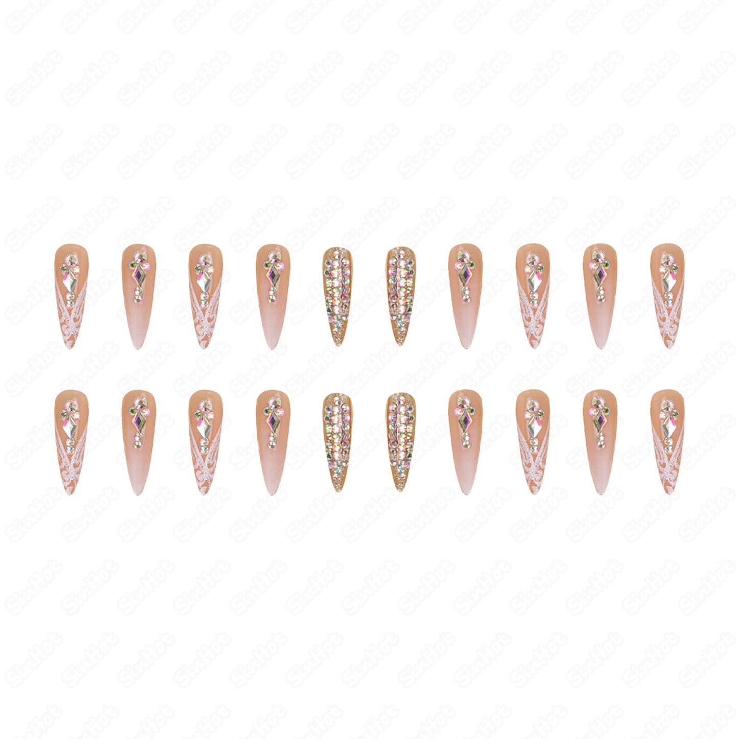 SINHOT Stiletto Press on Nails Long Fake Nails Glossy Glue on Nails Luxury Rhinestones Acrylic Nail White Bling Glitter Almond Artificial Nail Stick on False Nail with Design 24pcs