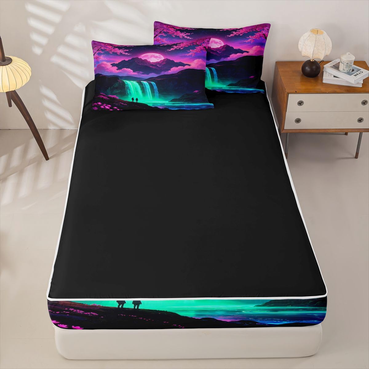 Feelyou Japanese Anime Zipper Bedding Sets for Kids Boys Girls Japan Full Comforter Set with Fitted Sheet Nature Landscape Bedroom Decor Microfiber with 2 Pillow Cases