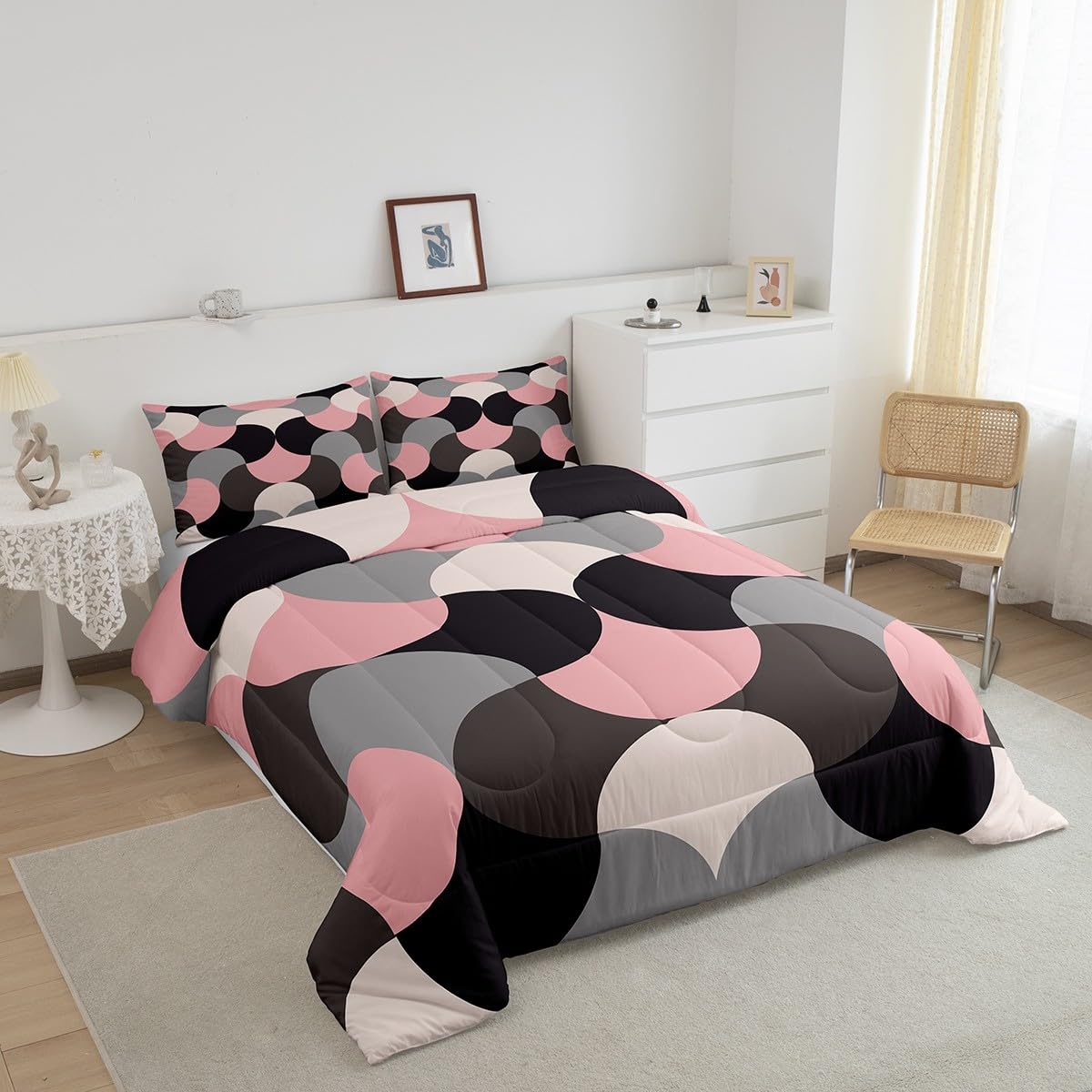 Feelyou Geometric Print Bedding Set Geometric Pink Grey Black Comforter Set for Kids Boys Girls Teens Decor Modern Art Comforter Luxury Abstract Art Duvet Set Queen Size 3Pcs Quilt Set