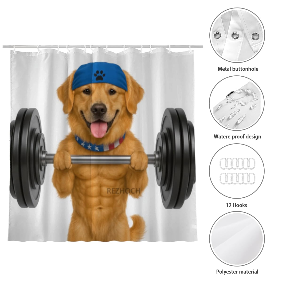 REZHOCH Funny Shower Curtain Golden Retriever Lifting Dumbbell Muscled Building Gym Humor Cloth Fabric Bathroom Decor Set with 12 Hooks 72" W x 72" L