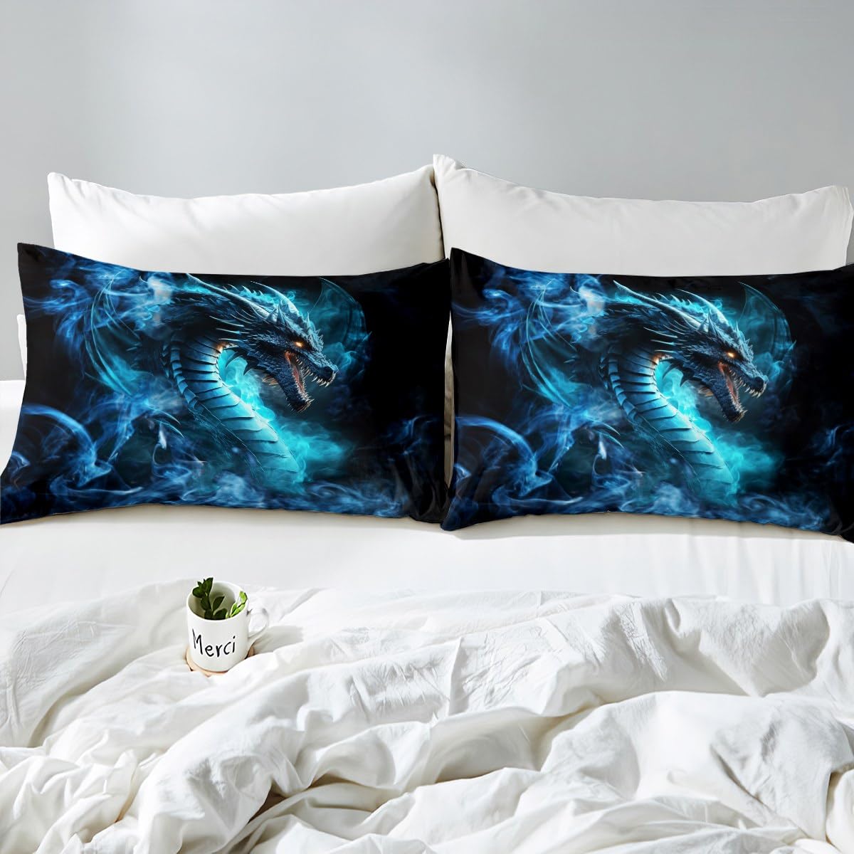 3D Dragon Fitted Sheet Queen Size,Black Blue Foggy Bedding Set 3Pcs,Western Magical Theme Animals Bed Sheet for Kids Boys Men Adult Room Decor,Cool Flying Dragon Deep Pocket Sheet,2 Pillowcases