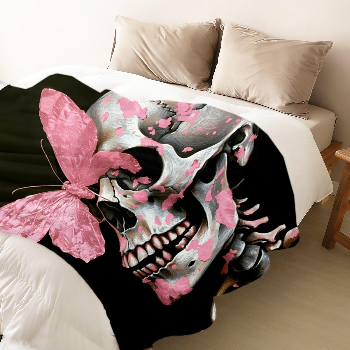 HUNXIAOJ Skull Butterfly Blanket Gifts Pink Gothic Decor Butterfly Skeleton Throw Blanket Soft Flannel Skull Bedding for Couch Bed Living Room Home Halloween Decor 49"x59"