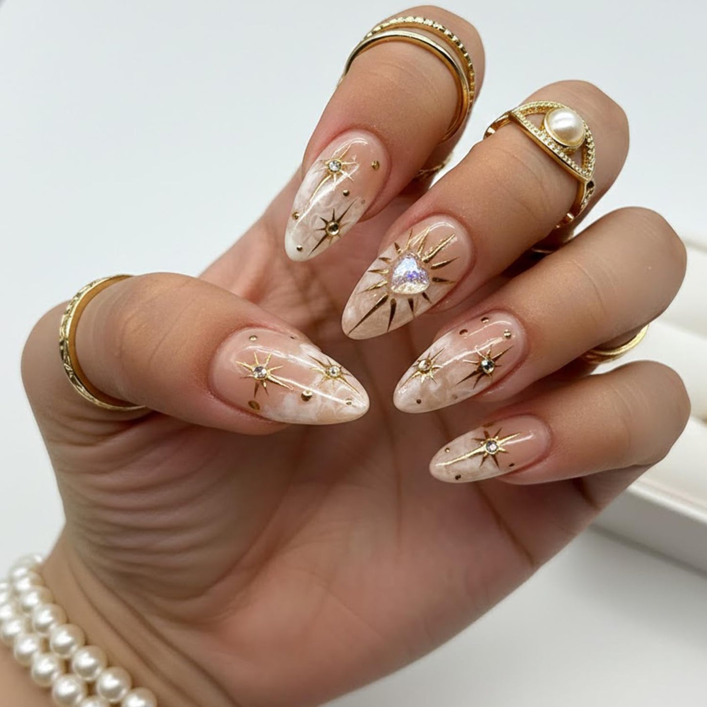 Gold Press on Nails Medium Almond Fake Nails with 3D Star Sun Heart Rhinestones Designs Gradient Glue on Nail Reusable Artificial Acrylic Full Cover Stick on False Nail for Women 24 Pcs