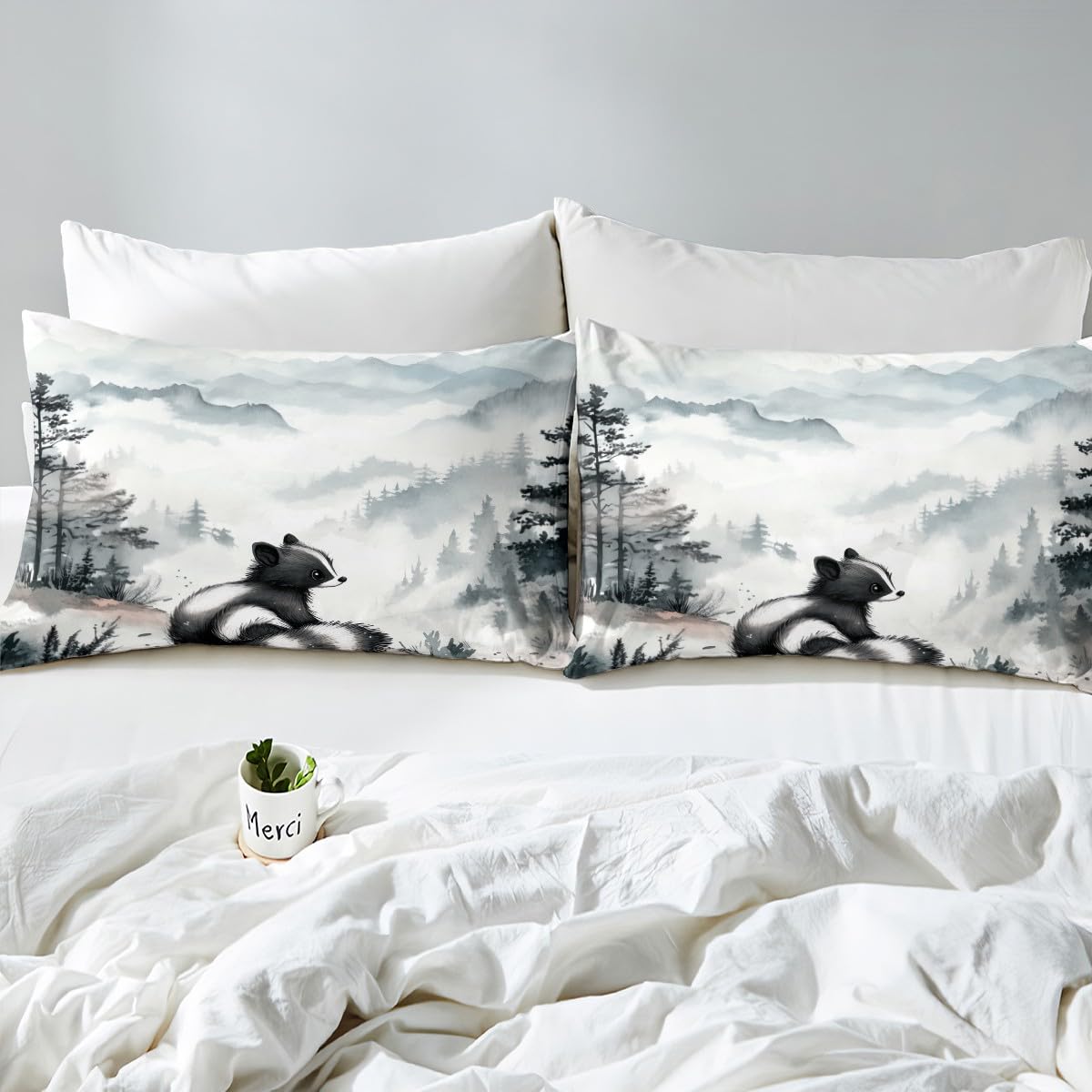 Erosebridal Skunk Bed Sheets for Kids, Cute Wild Animals Bedding Set Queen Size Smoky Mountain Fitted Sheet for Boys Girls Teens Adult Women Bedroom Decor, Farmhouse Wildlife Sheets