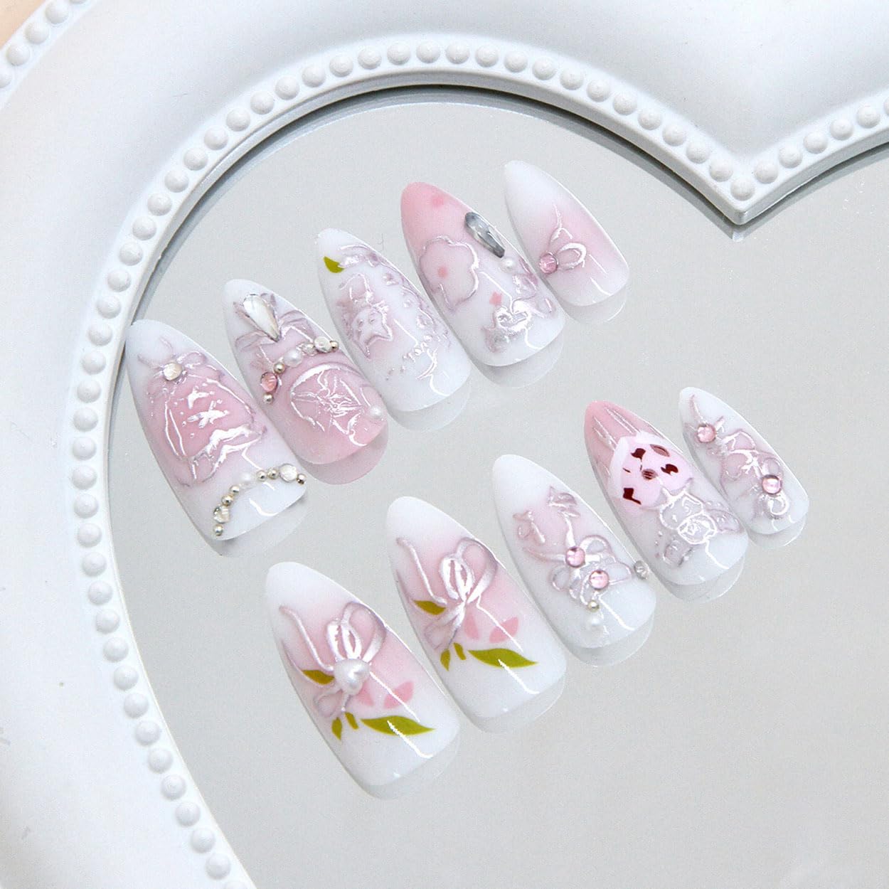 Press on Nails Almond Medium White Fake Nails French Tip False Nails Press ons with Flower Bow Design Glue on Nails Artificial Acrylic Nail Art Glossy Full Cover Stick on Nail Supplies for Women 24Pcs