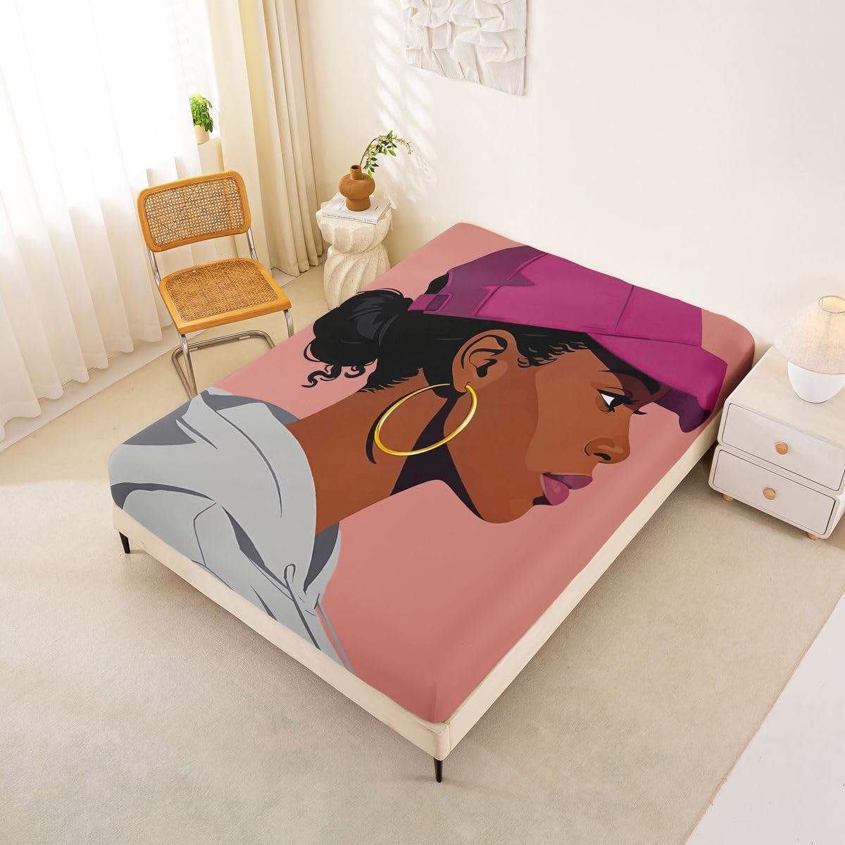 Erosebridal Black Girls Girls Bed Sheets Full Size Fashion Black Woman Fitted Sheet Vogue Fashionable Gorgeous Bedding Set for Kids Children Women Bedroom Decor African Princess Magical Sheets