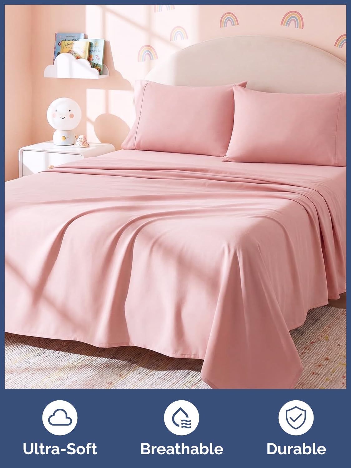 Kids Queen Size Bed Sheet Set - 4 Piece Kids Loft Bed Sheets - Solid Pink Themed Bedding - Soft, Cute and Cozy - Breathable and Machine Washable - Bedding for Boys, Girls, Teens & Toddlers - Oeko-Tex