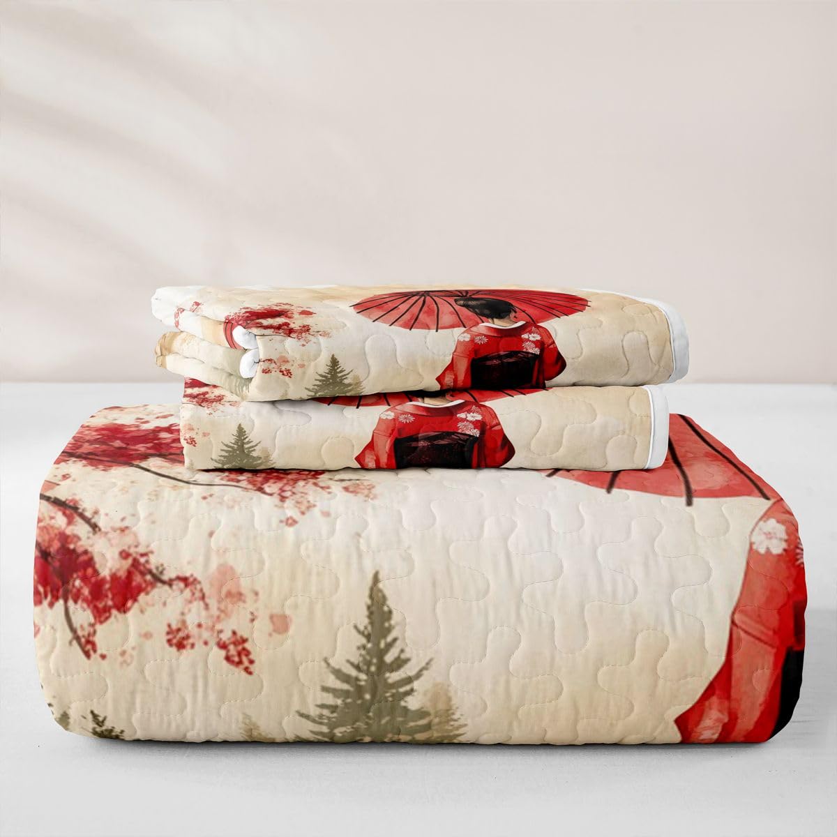 Erosebridal Geisha Quilts Twin Size - Japanese Geisha with Umbrella Bedspread Coverlet Set, Red Cherry Blossoms Quilt Coverlets 2Pcs (Only 1 Pillowcase)