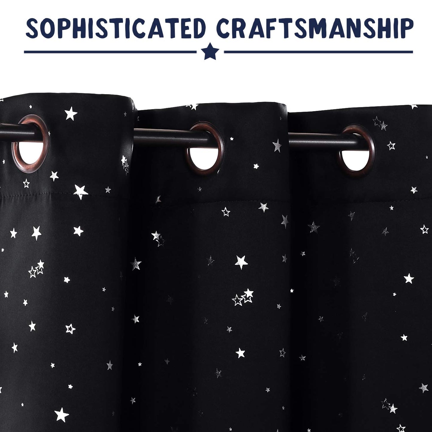 PrinceDeco Blackout Kids Curtains for Bedroom Thermal Insulated Silver Twinkle Star Curtains for Boys Antique Grommet Top Window Treatment 2 Panels Drape for Nursery (52" W x 84" L, Black/Silver)