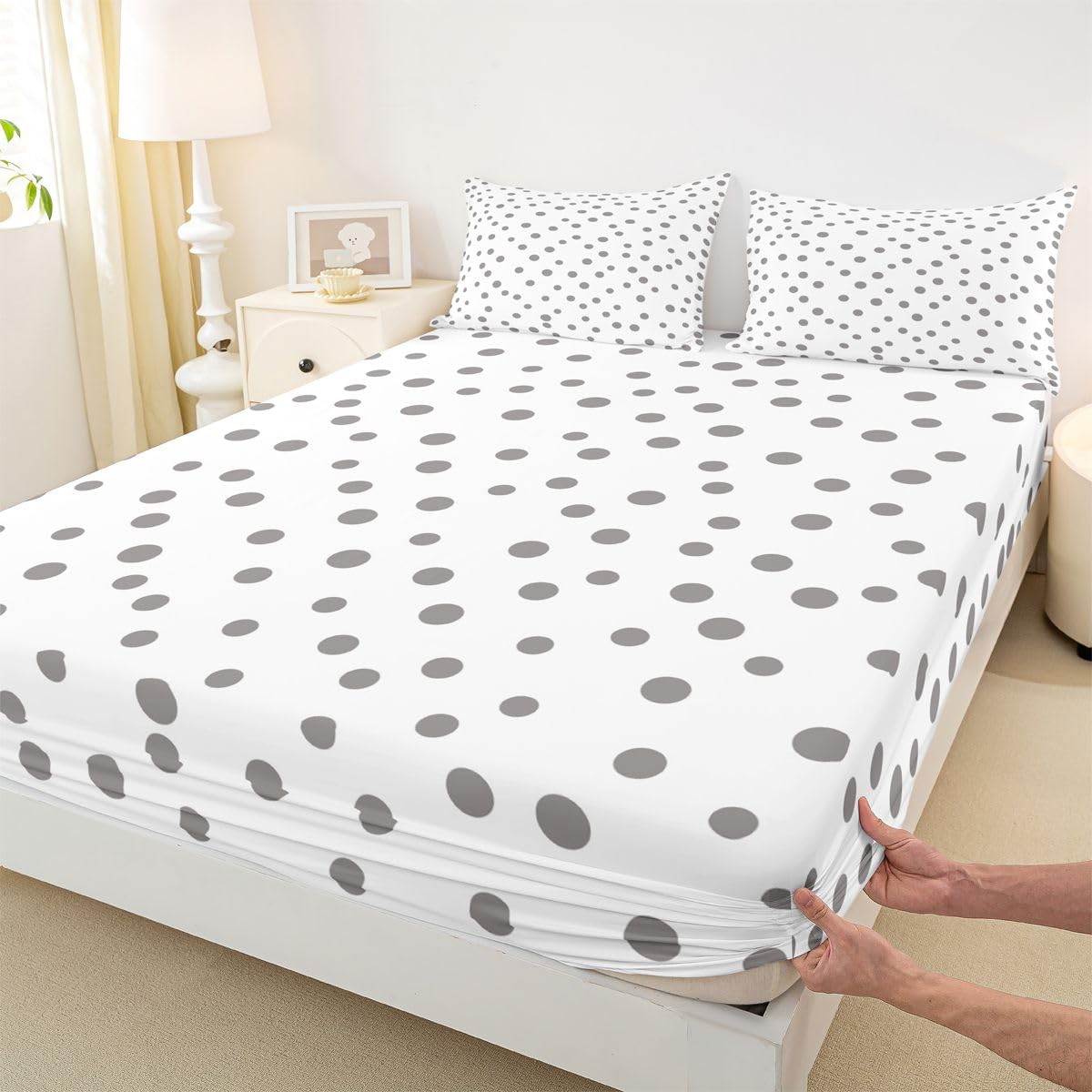 jejeloiu Polka Dots Fitted Sheet with 2 Pillowcases Full Size White Gray Bed Sheets Set 16" Deep Pocket Boys Girls Circles Geometric Bedding Modern Simple Teens Bedroom Decor Breathable Soft