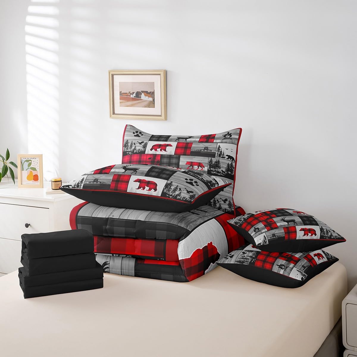 Feelyou Rustic Bear Comforter Set 7 Pieces Twin Size Kids, Deer Hunting Wood Cabin Bedding Set Boys Girls, Wildlife Hunting Theme Bed in a Bag,Comforter + Sheets + Pillowcases + Cushion Covers