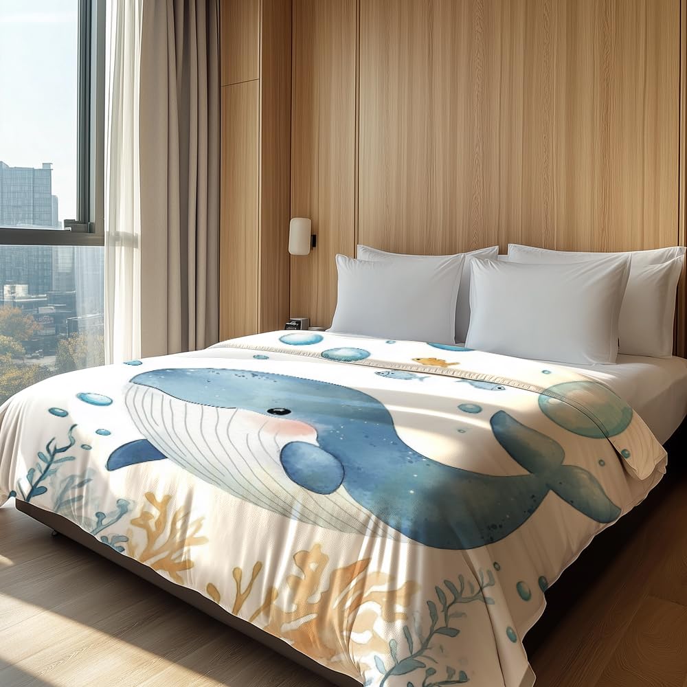 HUNXIAOJ Whale Blanket Sea Animal Blankets for Kids Cute Animal Blanket Whale Bedding Warm Soft Flannel for Bed Sofa Couch (49in x 59in)