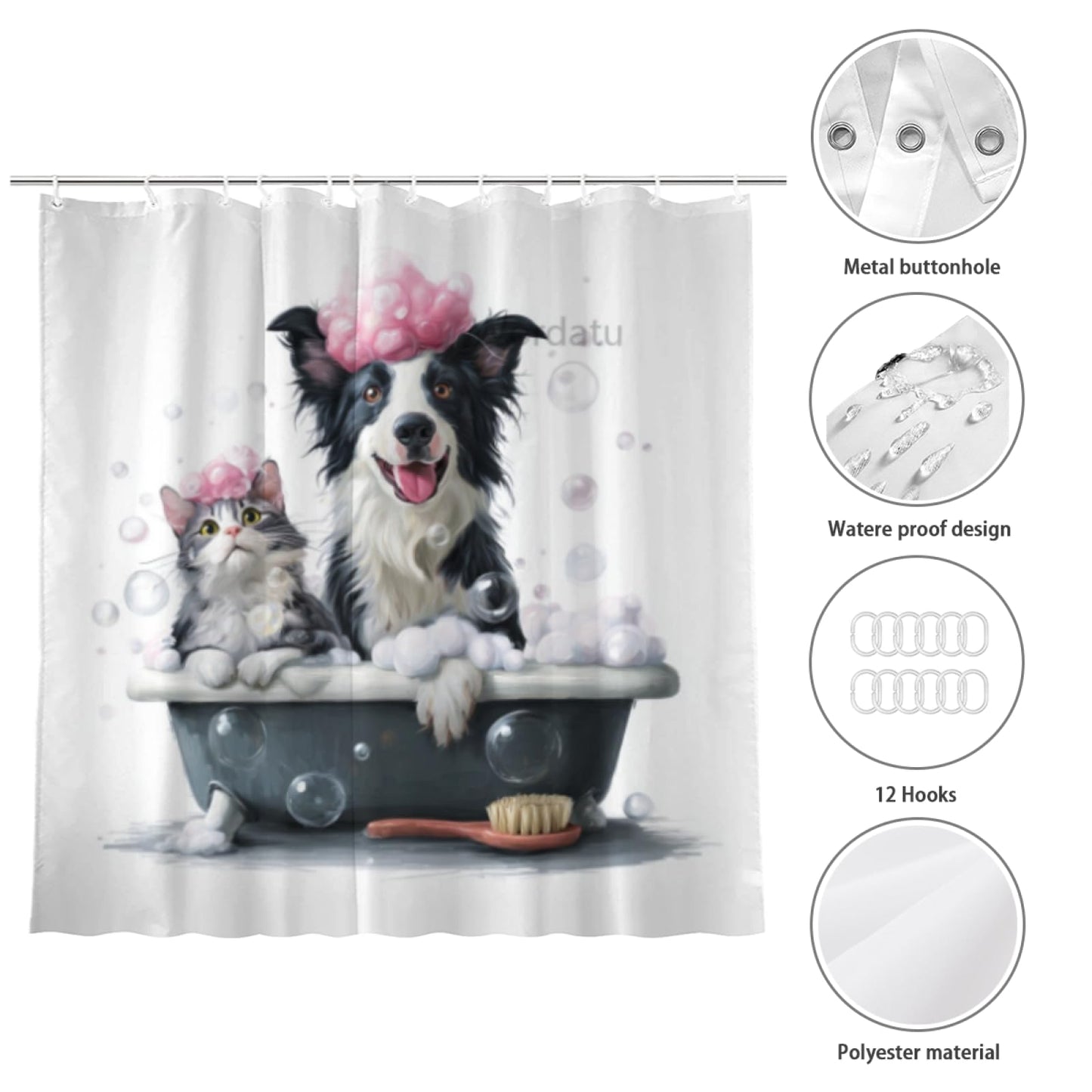 Wordatu Funny Border Collie Shower Curtain Decor Fabric Bathroom Curtains, Kids Children Cartoon Waterproof 72x72 inch with 12 Hooks