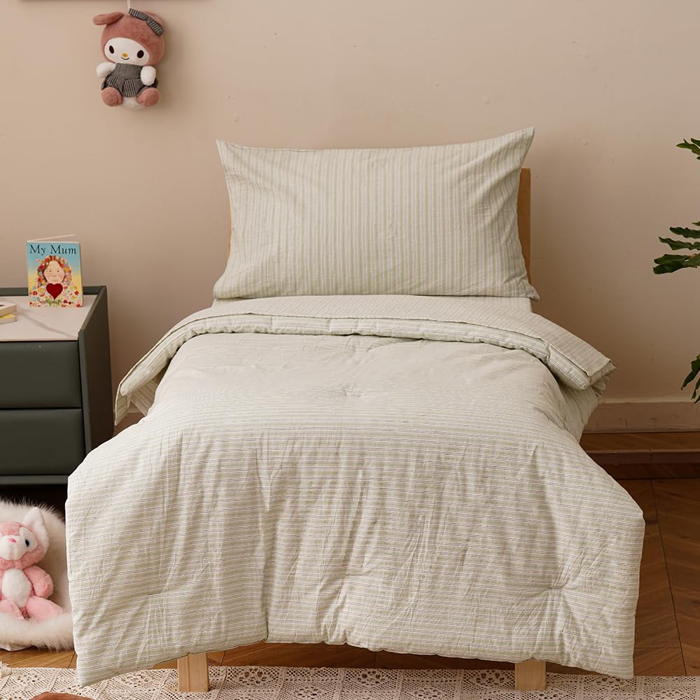 CLOTHKNOW 4Pieces Light Green Striped Washed Cotton Toddler Bedding Sets for Boys Girls Soft Crib Bed Set Including Comforter, Flat Sheet, Fitted Sheet and Pillowcase