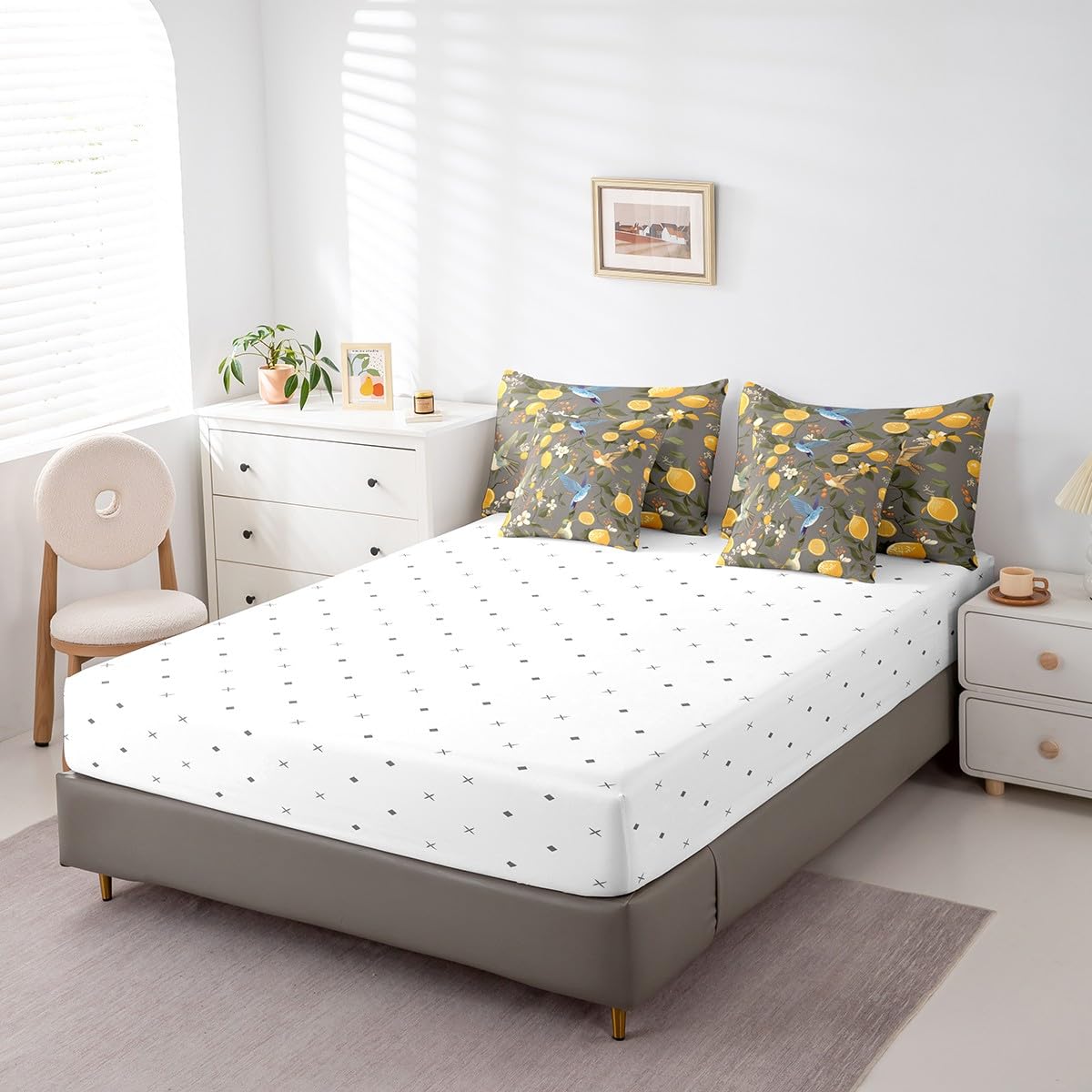 Erosebridal Lemon Trees Bedding Set for Kids Teens,Hummingbirds Comforter Set King Size,Oil Painting Lemon Fruit (Comforter+Fitted+Flat Sheet+2 Pillowcases+2 Throw Pillow Covers) 7 Pieces Bed Set
