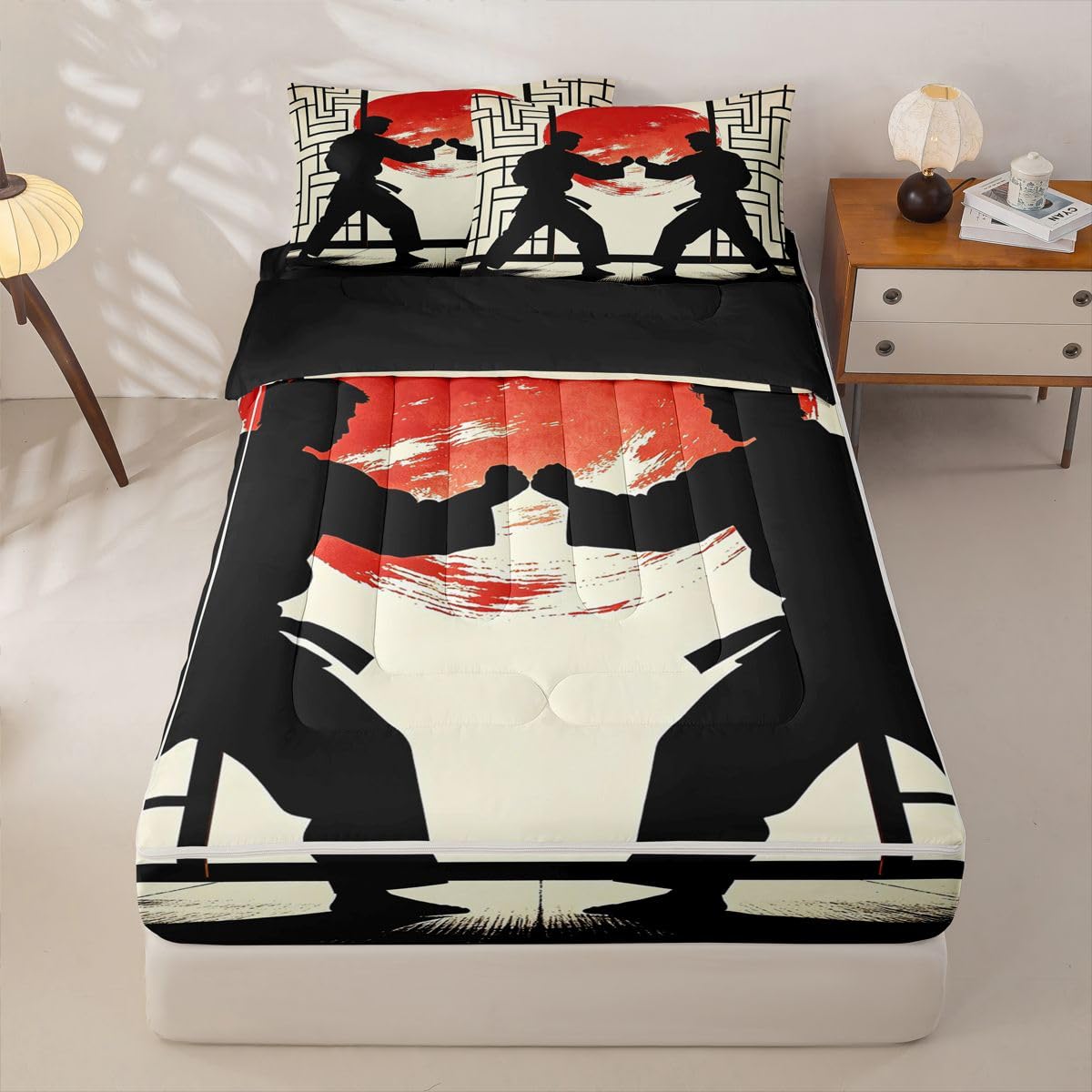 Feelyou Japanese Anime Comforter Set Full Samurai Zipper Bedding Set for Kids Boys Girls Exotic Style Bed in a Bag Microfiber with 2 Pillow Cases
