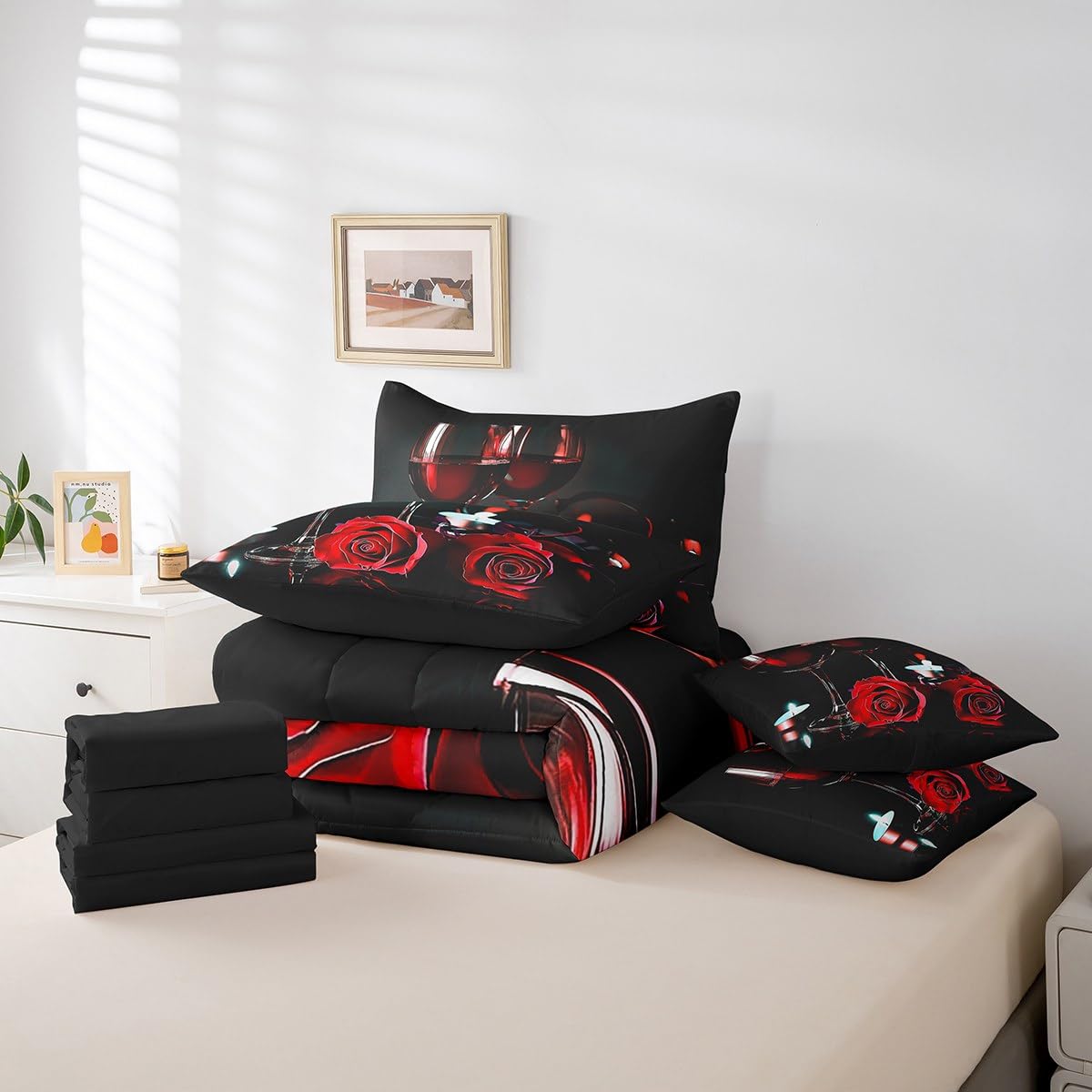 Erosebridal Red Rose 7 Piece Comforter Set Full Bed in A Bag Romantic Valentine Bedding Set for Grils Women Wine Glass Candles Duvet Insert Rose Floral Petals Sheet Set with Comforter