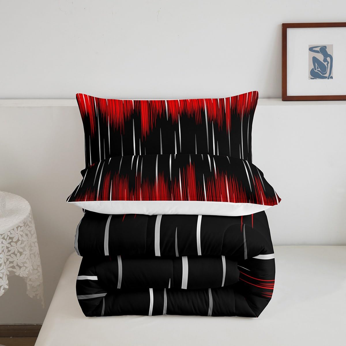 Feelyou Ombre Red Black Bedding Set Boys Girls Full Size Modern Reversible Comforter Set for Kids Ultra Soft Abstract Art Comforter Gradient Duvet Set Room Decor Quilt Set