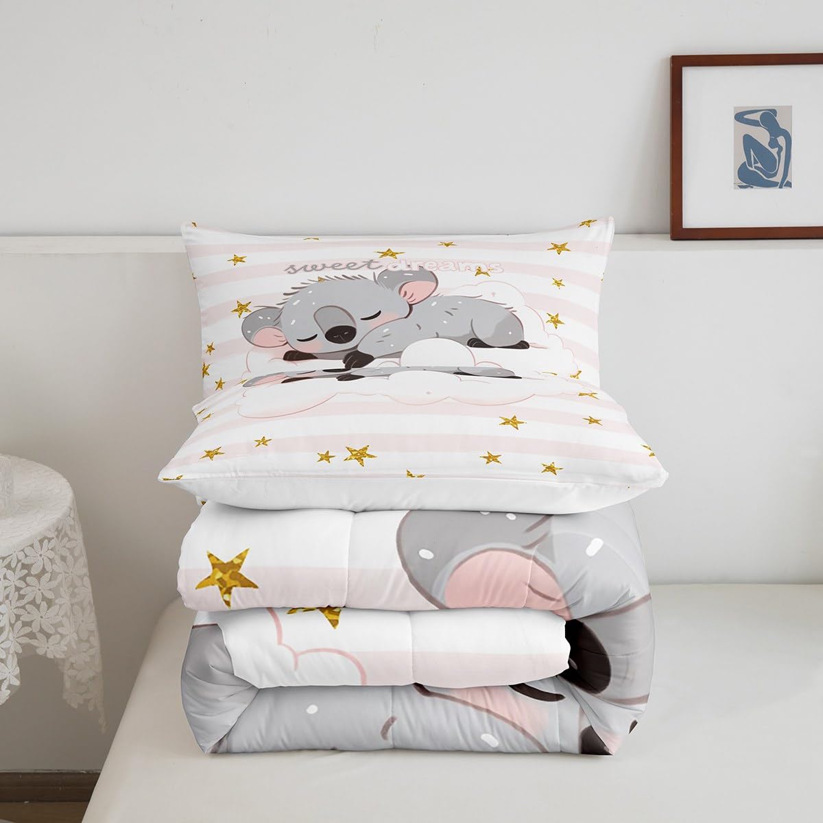 Manfei Cute Koala Comforter Set Twin Size, Cartoon Animal Quilt Set with 1 Pillowcase, Pink White Stripe Print Bedding Set 2pcs for Kids Girls Bedroom Decor, Gold Star Print Duvet Set