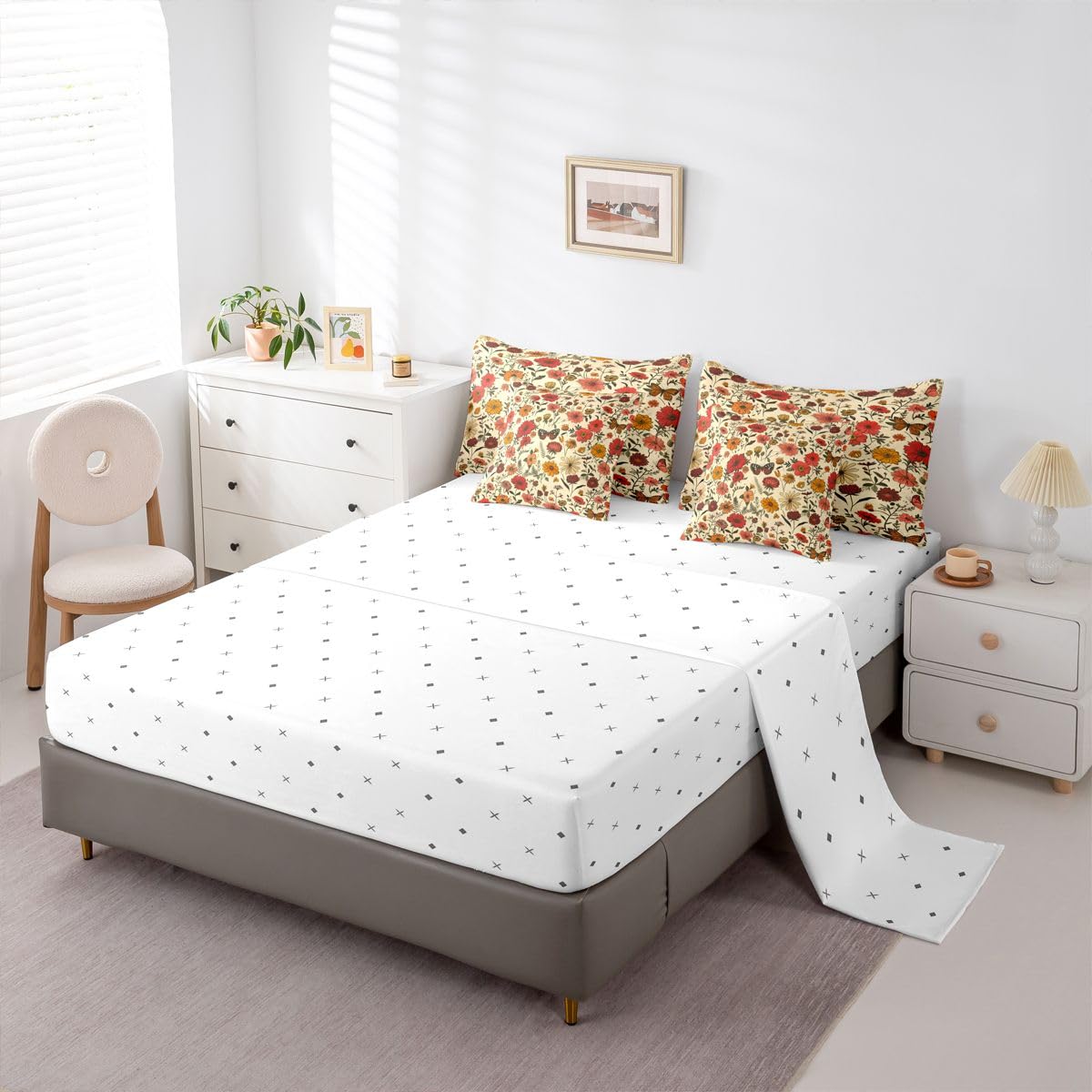 Erosebridal Daisy 7 Piece Bedding Set Queen Butterfly Comforter Set with Sheets Lily of The Valley Floral Theme Bed in a Bag Cute Hand Drawn Flower Butterfly for Kids Boys Girls