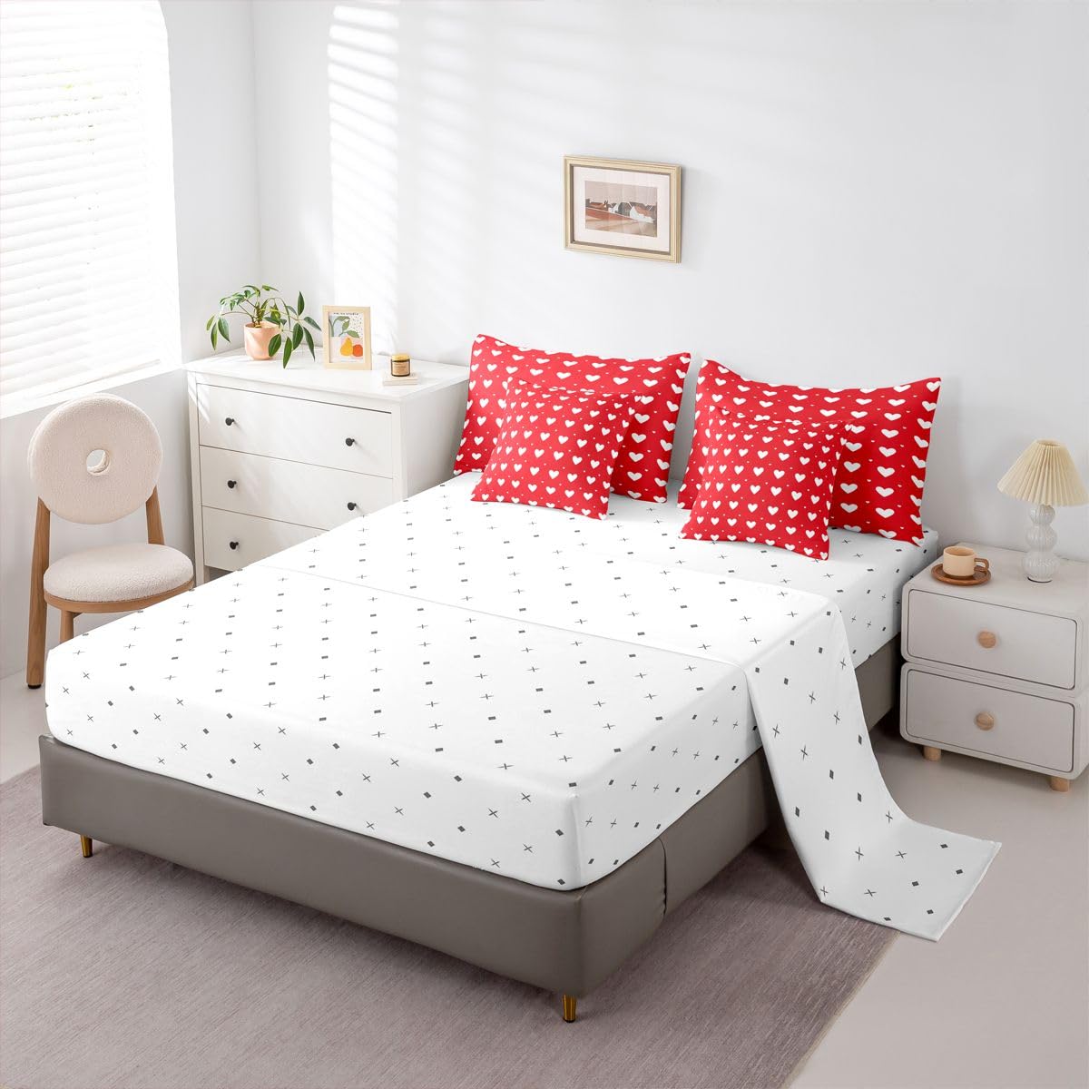 Erosebridal Couple Red Love Full Bedding Set - Cute Hearts Printed Bed in A Bag,Romance Love Heart Comforter Sets with Sheets, Romantic 7 Pieces Bed Set Bedroom Decor