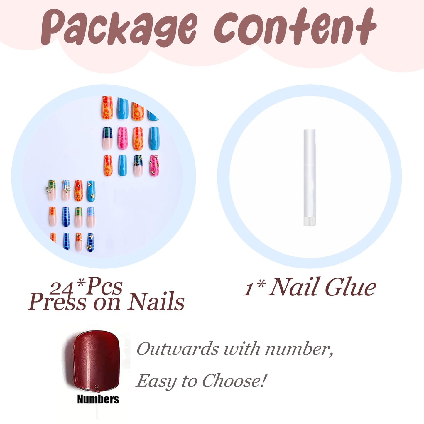 BABALAL Press On Nails, Long Square Fake Nails, Colorful Neon Tortoise Print with 3D Gold Flower & Rhinestone Design, Glossy Y2K Summer Festival Tropical Glue On Nails 24Pcs