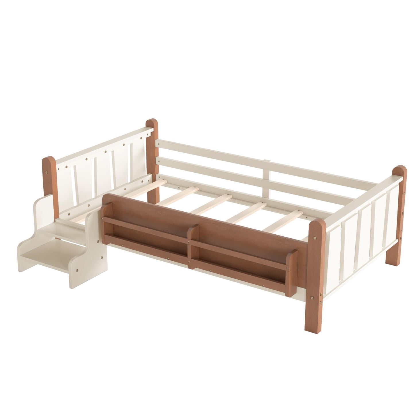 LUMISOL Twin Size Montessori Bed with Storage, Kids Low Bed Frame with Storage and Stairs, Wood Twin Size Platform Bed with Guardrail and Shelves, Beige