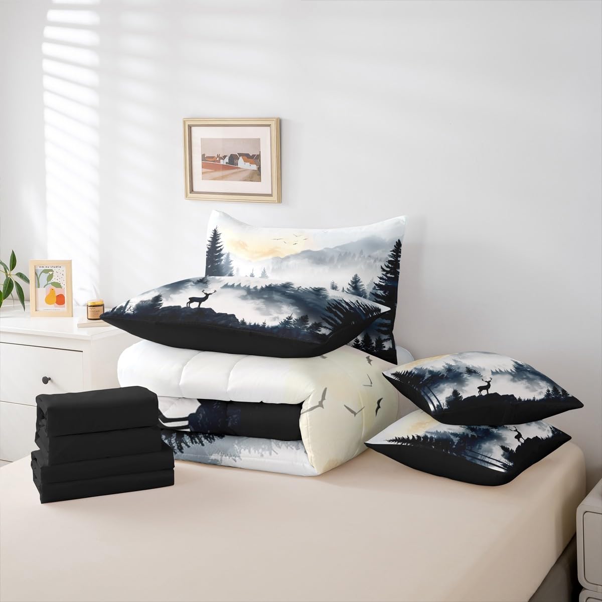 Erosebridal Sunrise 7 Piece Bedding Set Twin Reindeer Comforter Set with Sheets Elk Landscape Mountain Natural Bed in a Bag Woods Smoke Fog Deer Birds for Kids Boys Girls